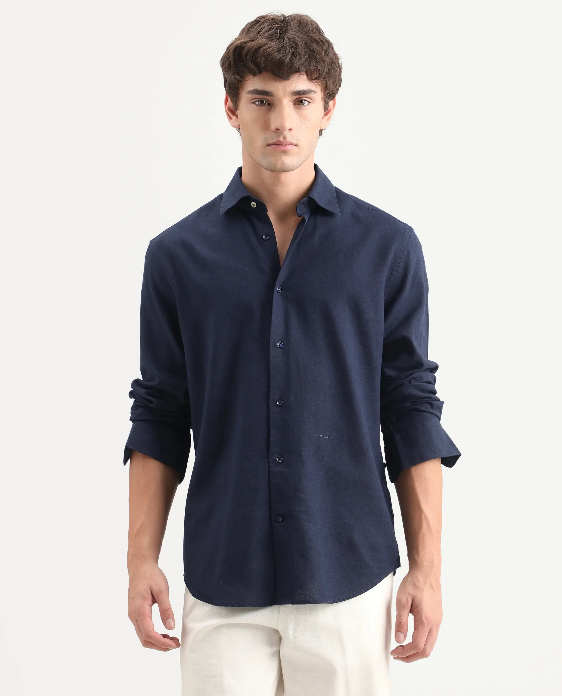 Rare Rabbit Men's Lewan-Ls Navy Linen Blend Spread Collar Regular Plain Shirt - Image 4