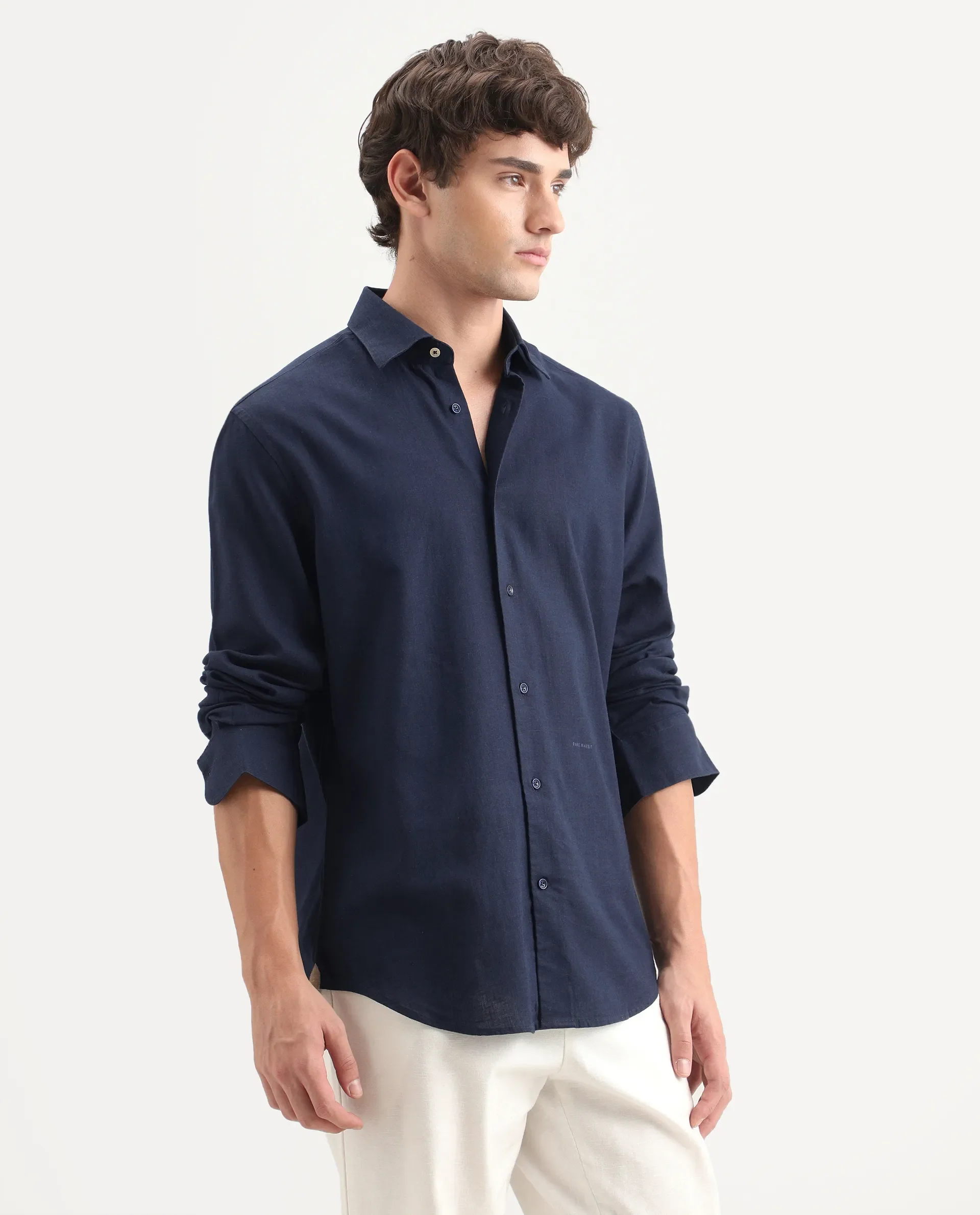 Rare Rabbit Men's Lewan-Ls Navy Linen Blend Spread Collar Regular Plain Shirt - Image 5