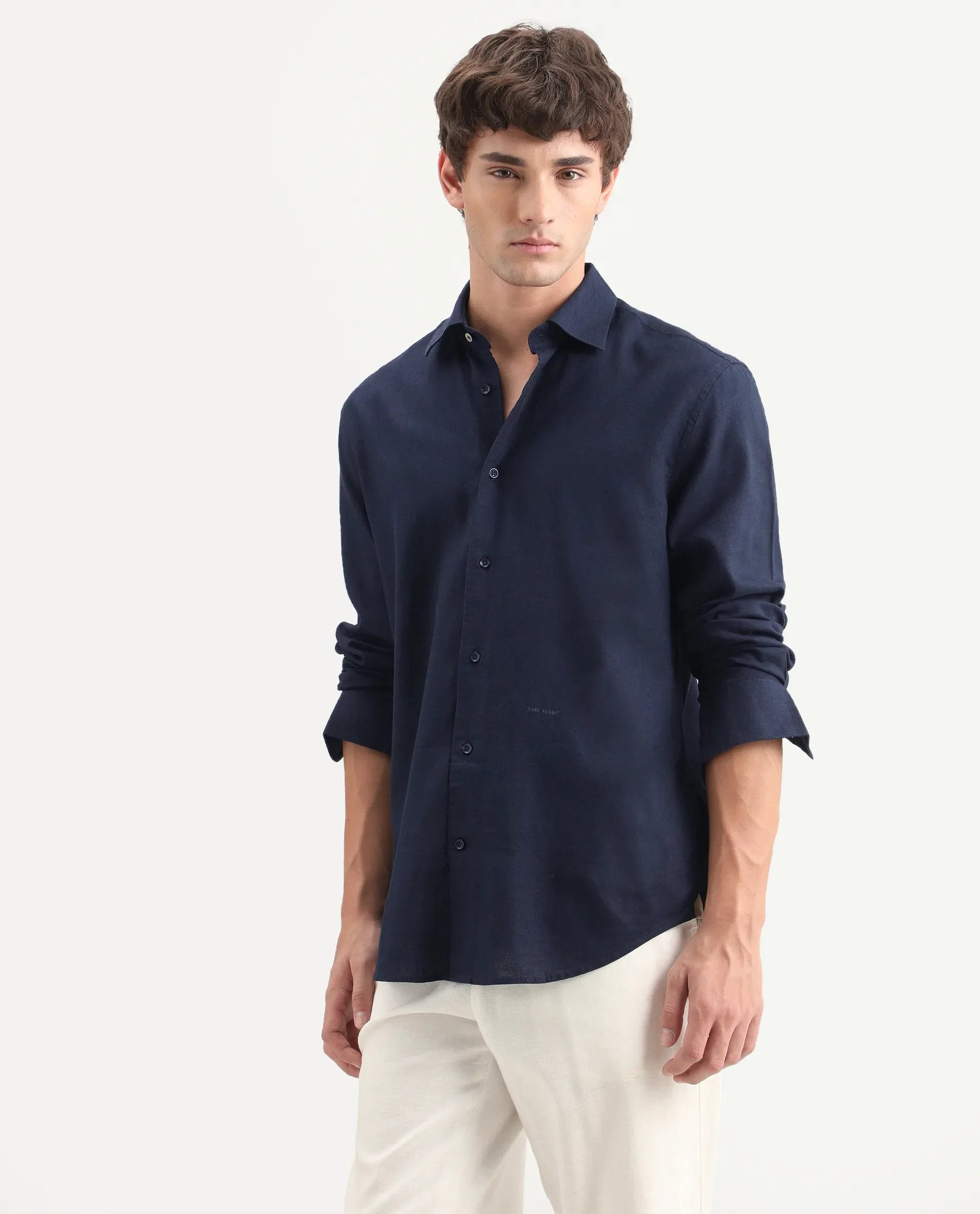 Rare Rabbit Men's Lewan-Ls Navy Linen Blend Spread Collar Regular Plain Shirt - Image 6