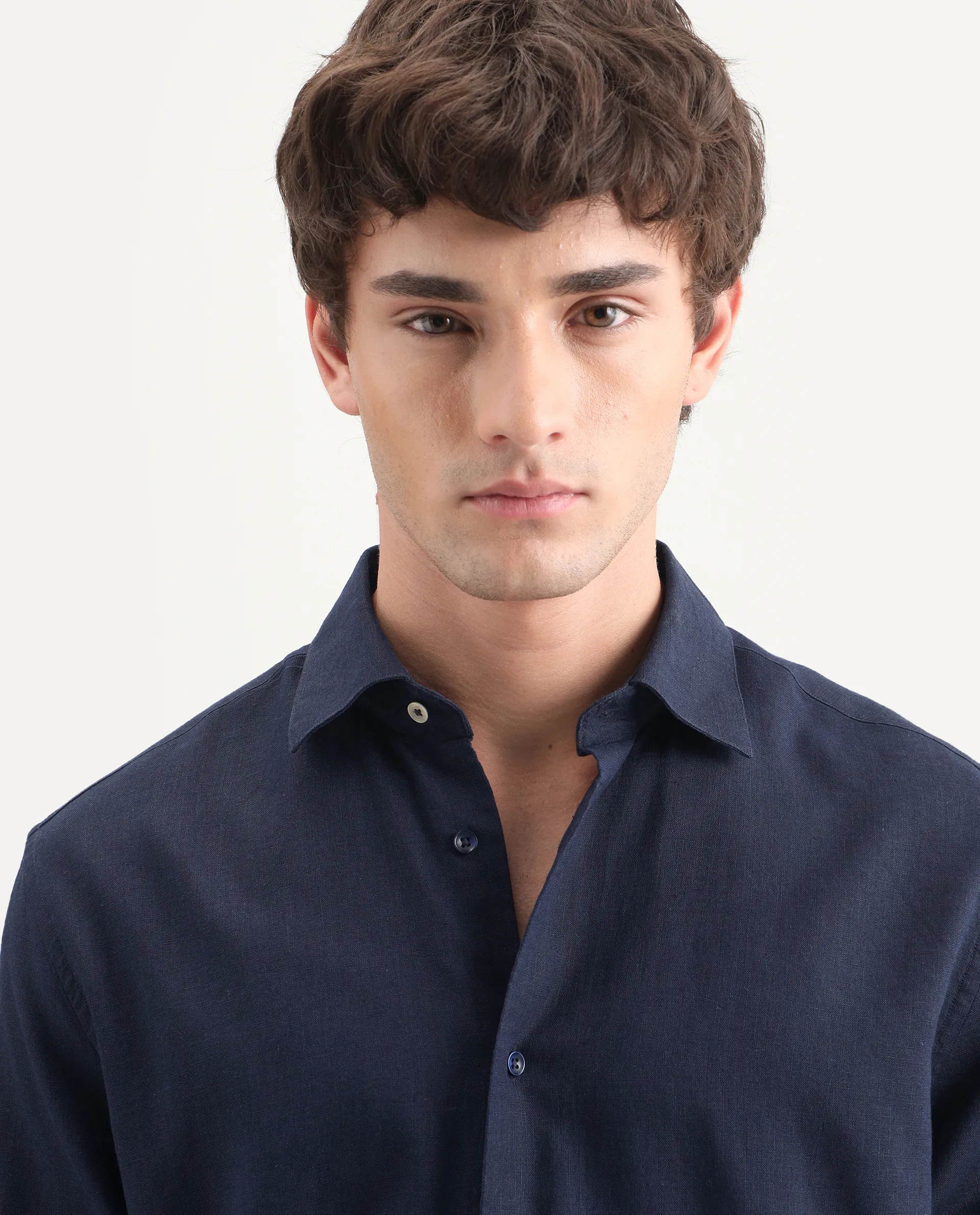 Rare Rabbit Men's Lewan-Ls Navy Linen Blend Spread Collar Regular Plain Shirt - Image 7