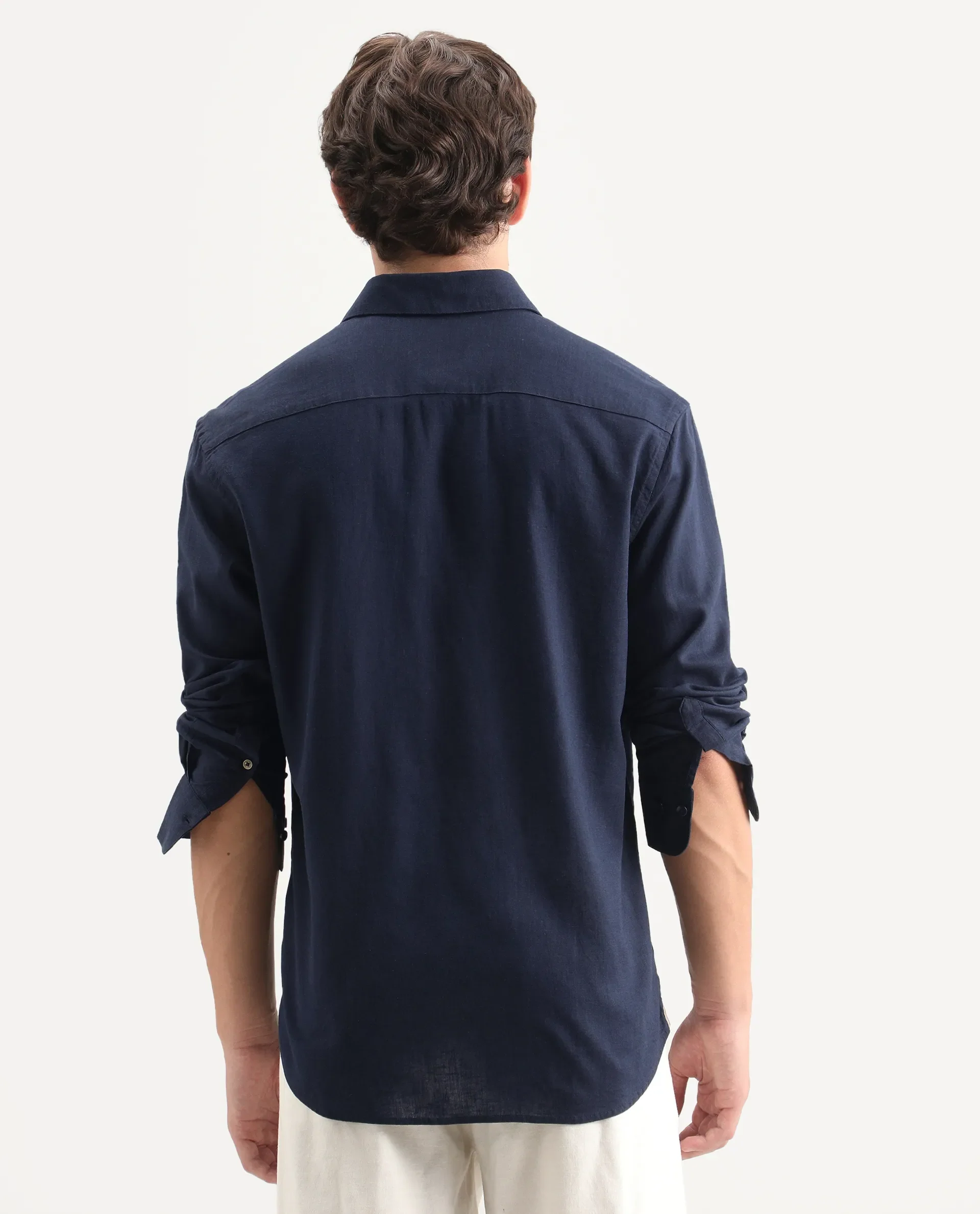 Rare Rabbit Men's Lewan-Ls Navy Linen Blend Spread Collar Regular Plain Shirt - Image 8