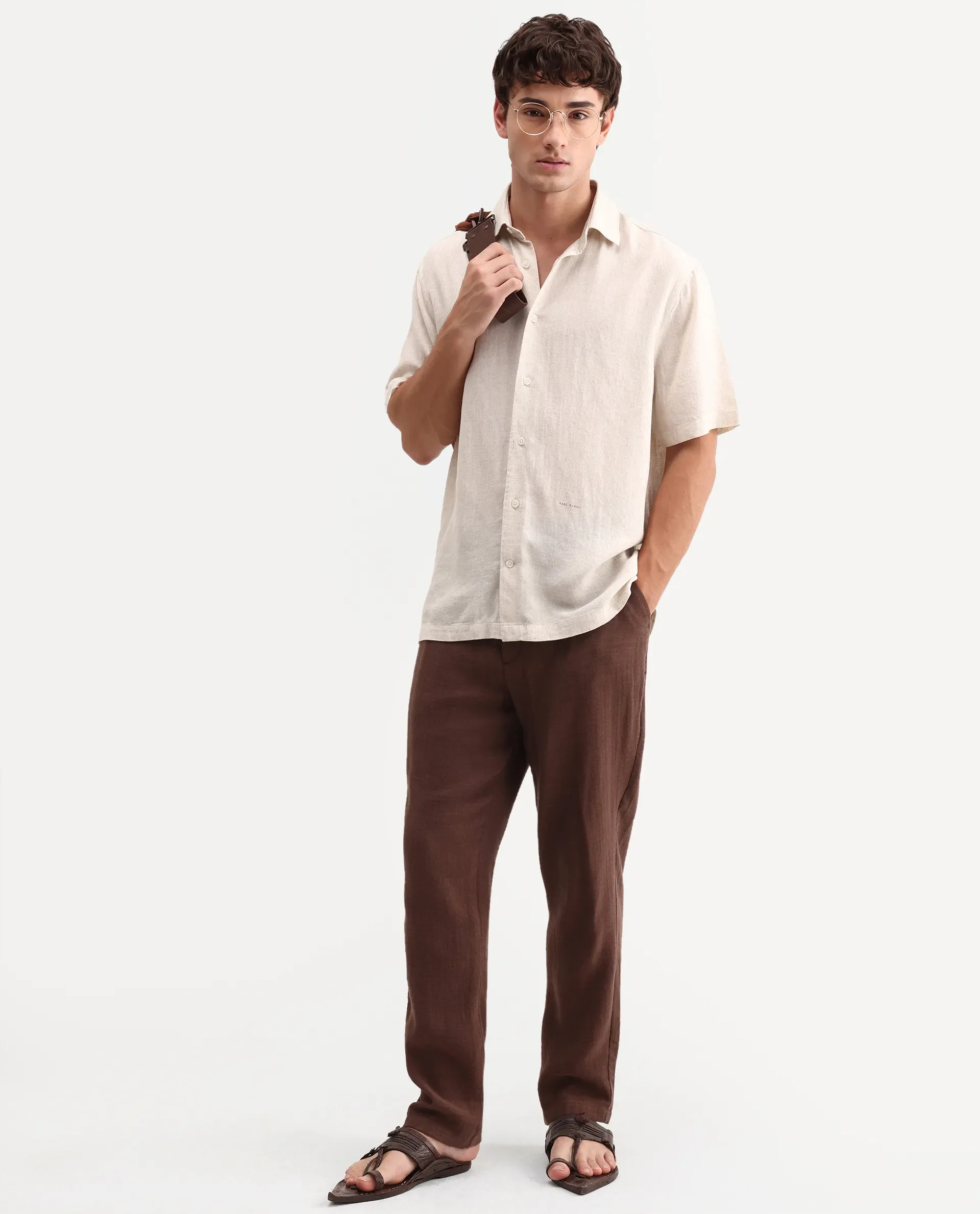 Rare Rabbit Men's Lewan-Ss Primary Ecru Linen Blend Spread Collar Regular Plain Shirt - Image 2