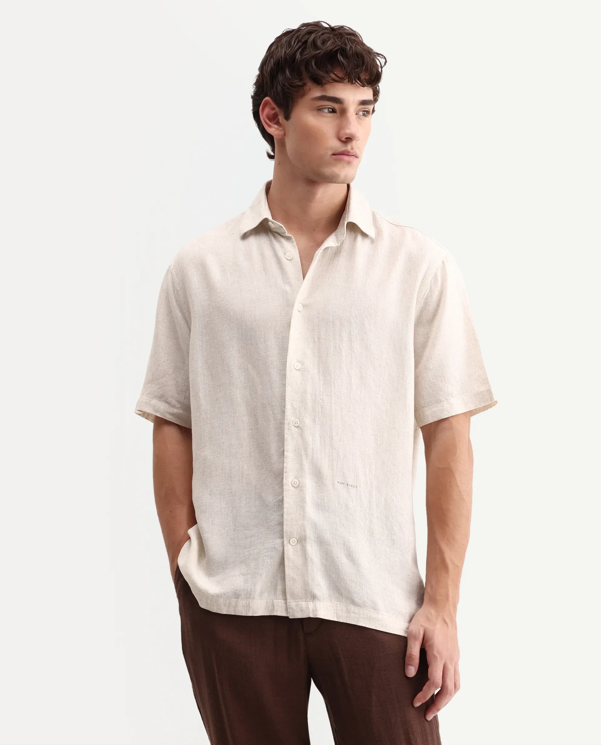 Rare Rabbit Men's Lewan-Ss Primary Ecru Linen Blend Spread Collar Regular Plain Shirt - Image 4