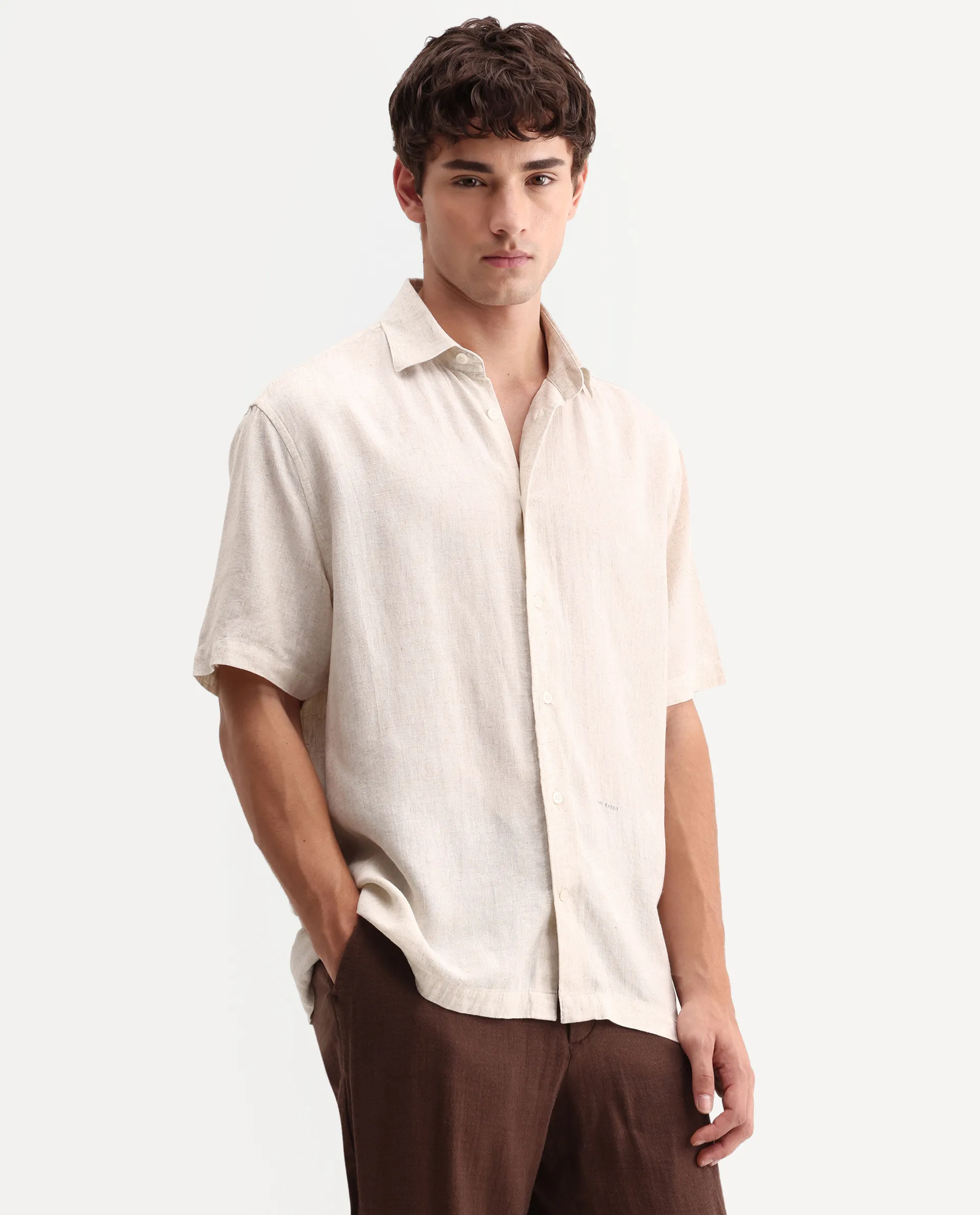 Rare Rabbit Men's Lewan-Ss Primary Ecru Linen Blend Spread Collar Regular Plain Shirt - Image 5