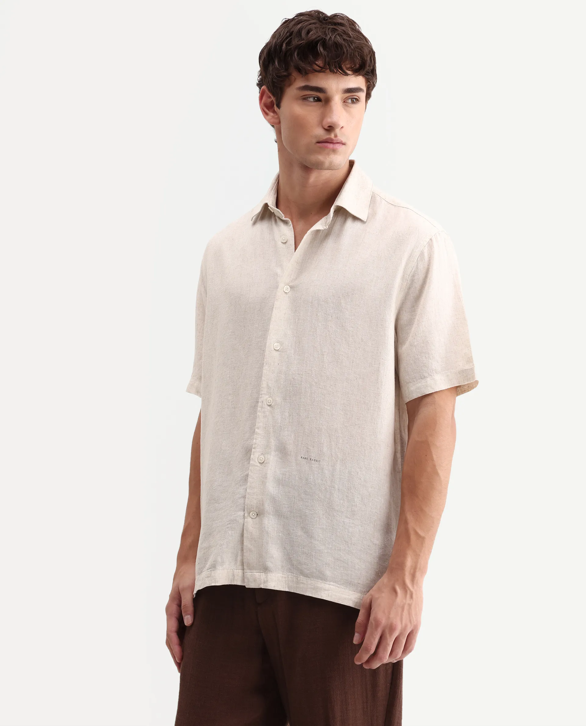 Rare Rabbit Men's Lewan-Ss Primary Ecru Linen Blend Spread Collar Regular Plain Shirt - Image 6