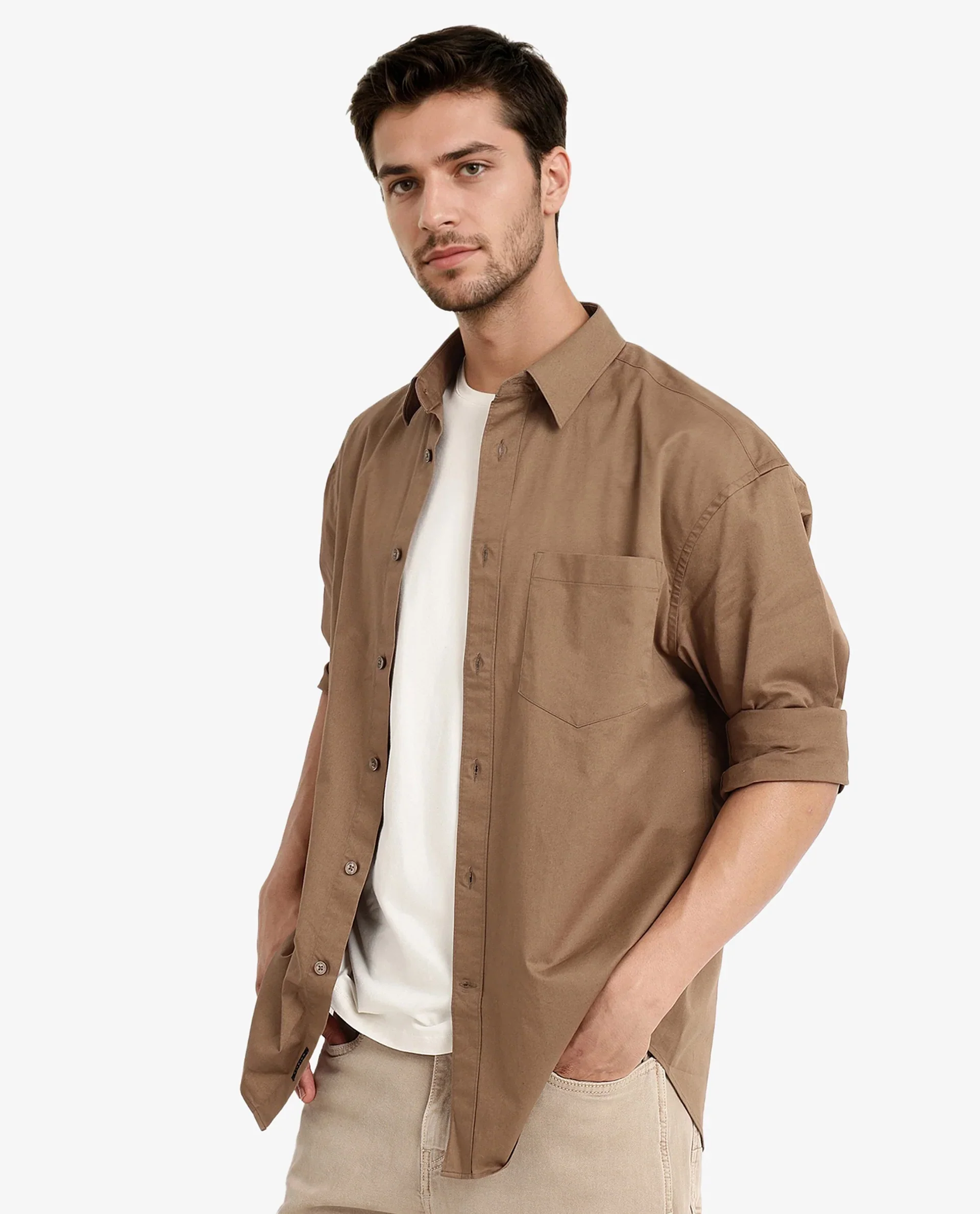 Rare Rabbit Men's Lewi Khaki Cotton Plain Boxy Fit Full Sleeve Collared Shirt - Image 10