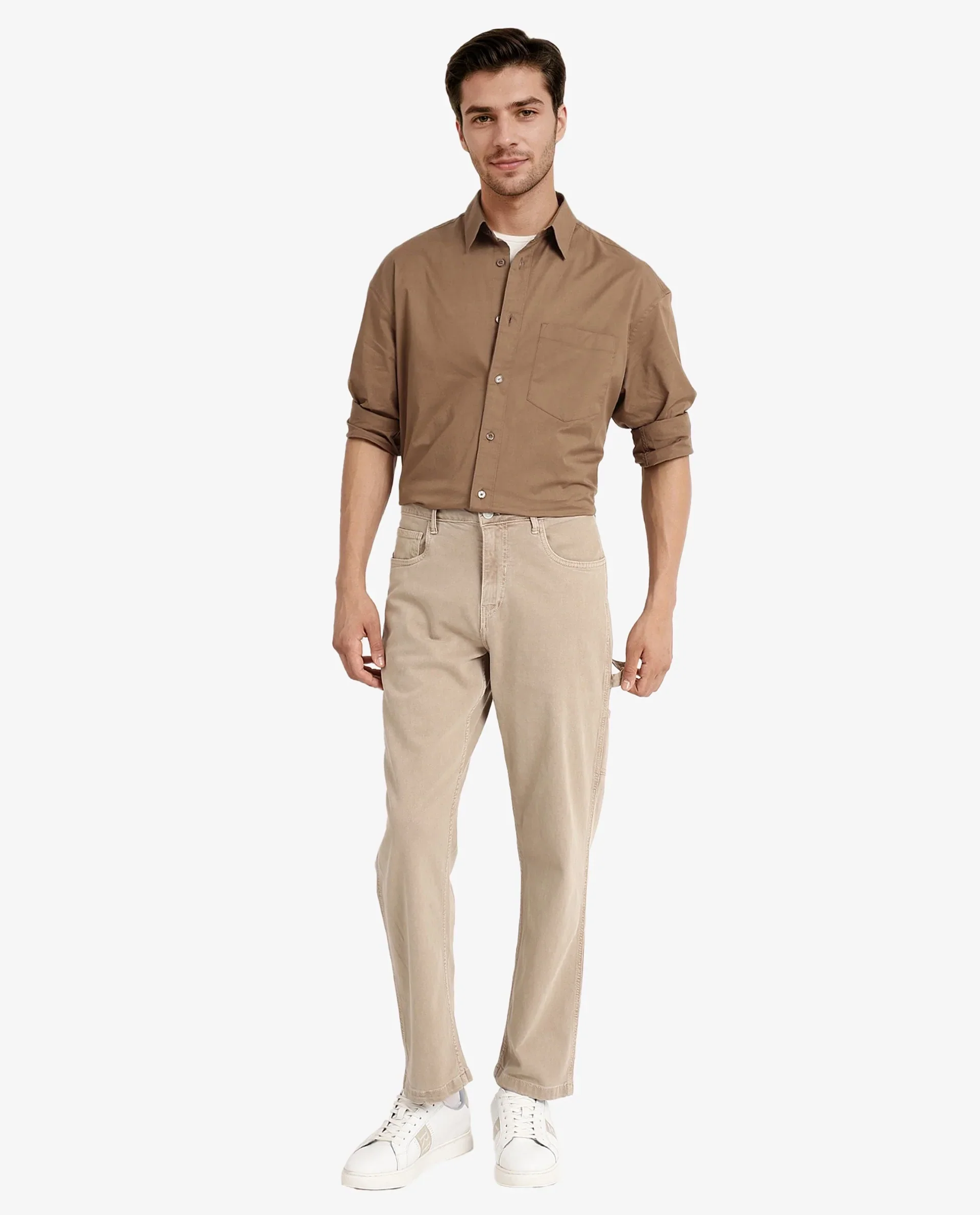 Rare Rabbit Men's Lewi Khaki Cotton Plain Boxy Fit Full Sleeve Collared Shirt - Image 2