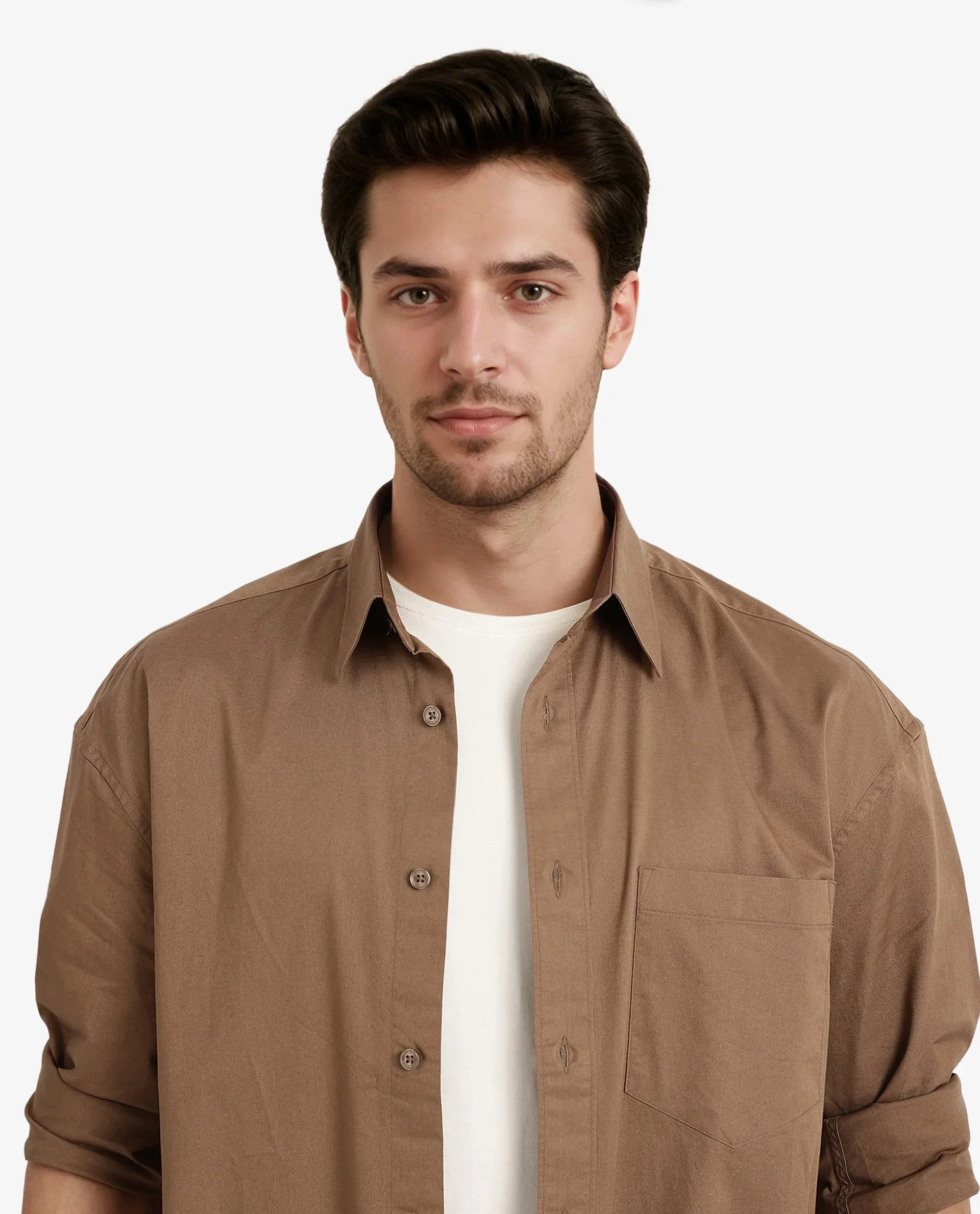 Rare Rabbit Men's Lewi Khaki Cotton Plain Boxy Fit Full Sleeve Collared Shirt - Image 3