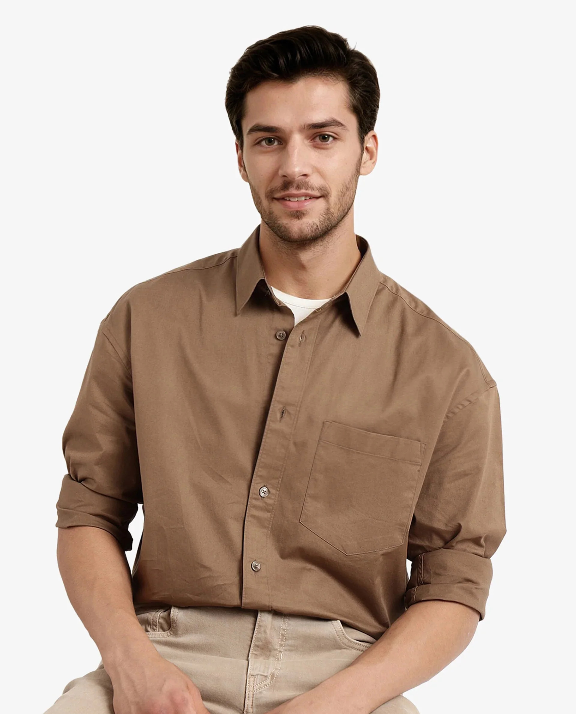 Rare Rabbit Men's Lewi Khaki Cotton Plain Boxy Fit Full Sleeve Collared Shirt - Image 5