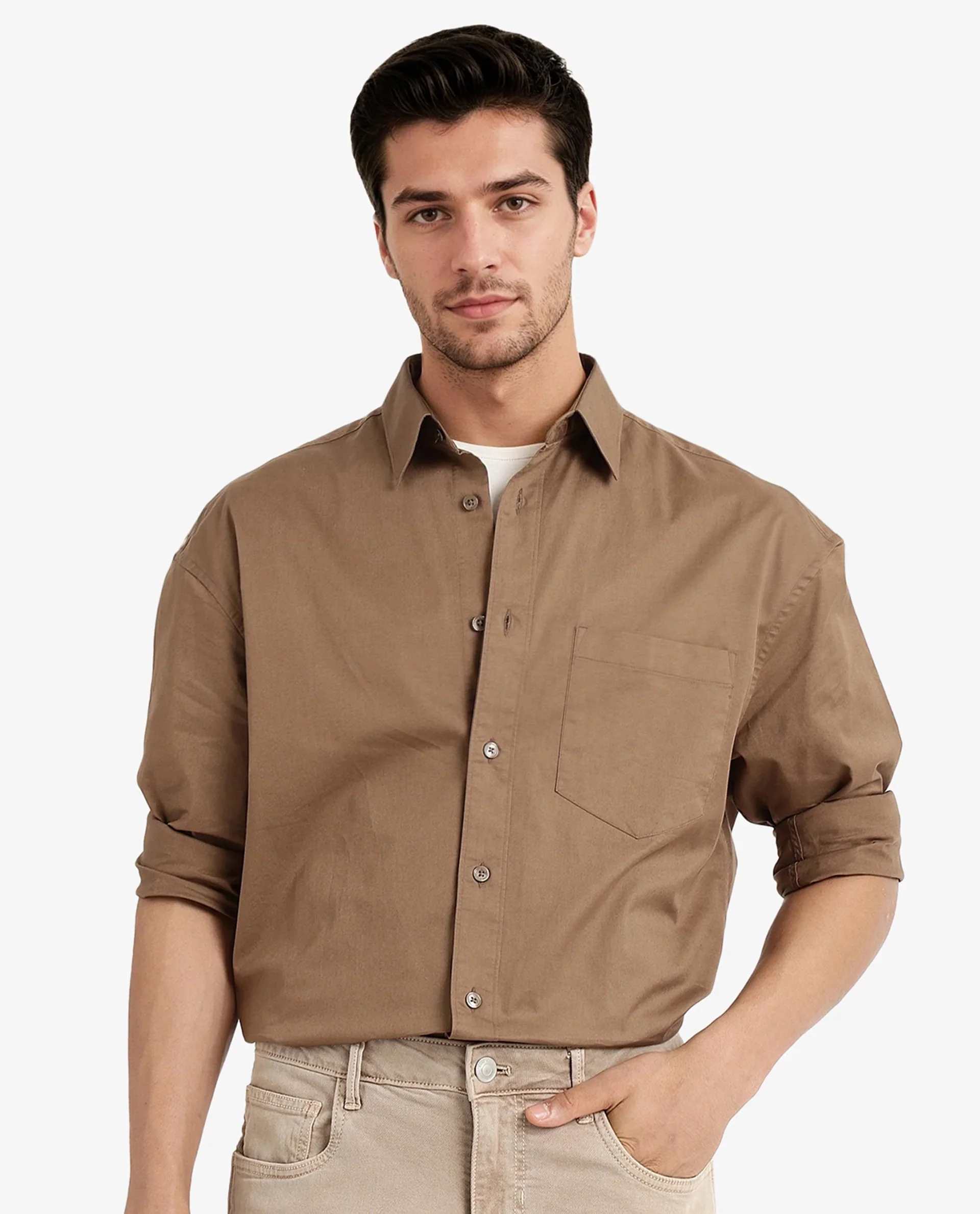 Rare Rabbit Men's Lewi Khaki Cotton Plain Boxy Fit Full Sleeve Collared Shirt - Image 6