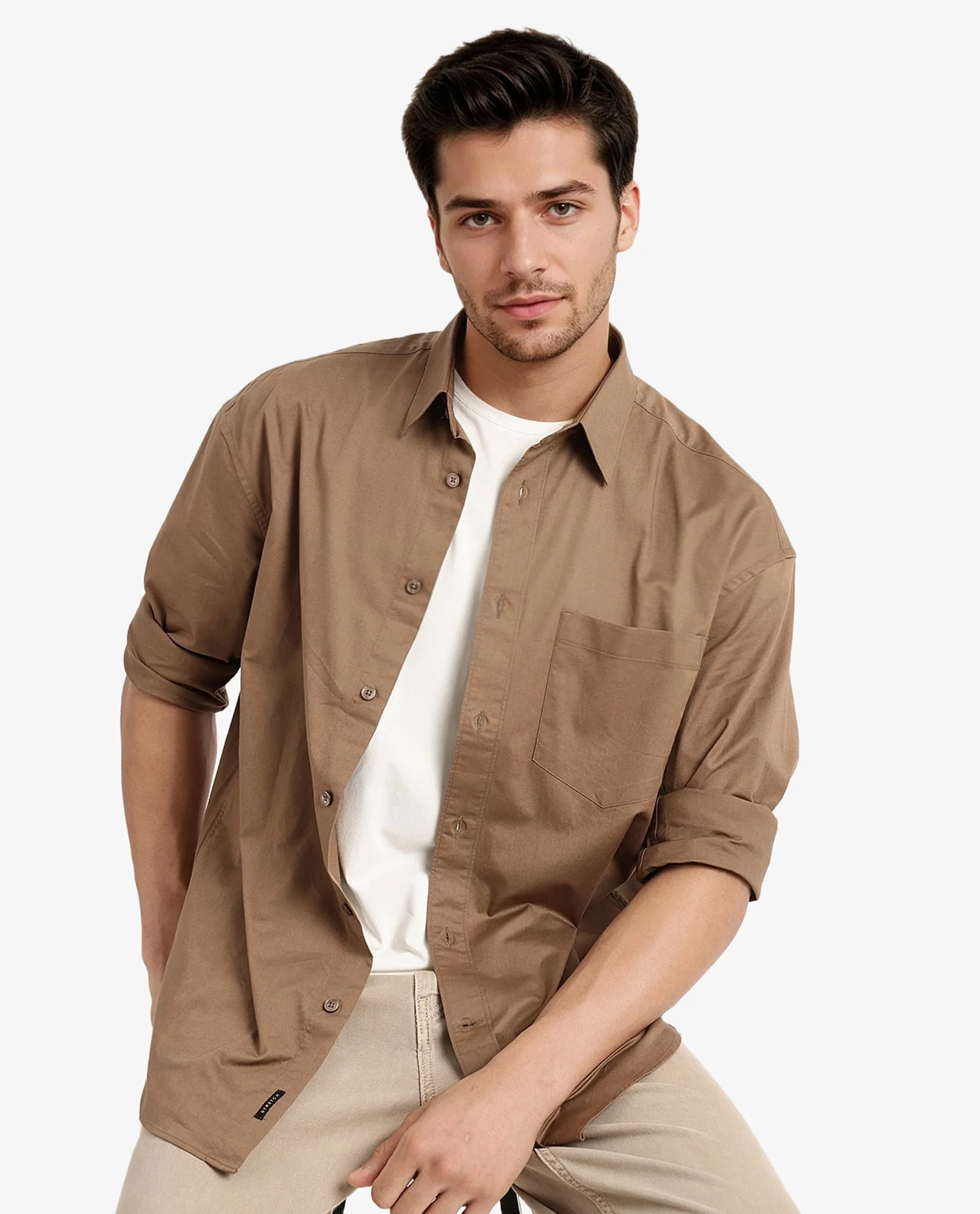Rare Rabbit Men's Lewi Khaki Cotton Plain Boxy Fit Full Sleeve Collared Shirt - Image 7