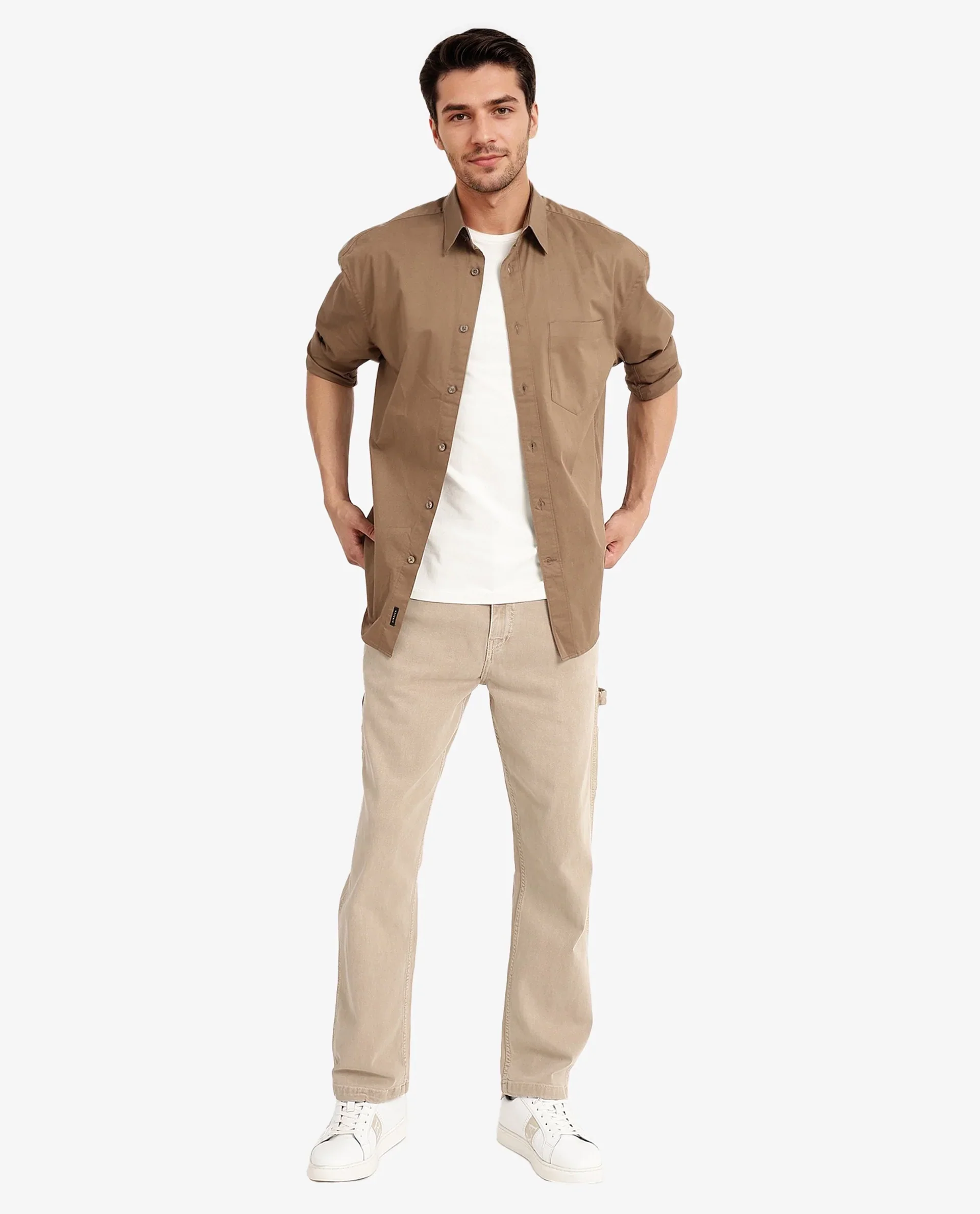 Rare Rabbit Men's Lewi Khaki Cotton Plain Boxy Fit Full Sleeve Collared Shirt - Image 8