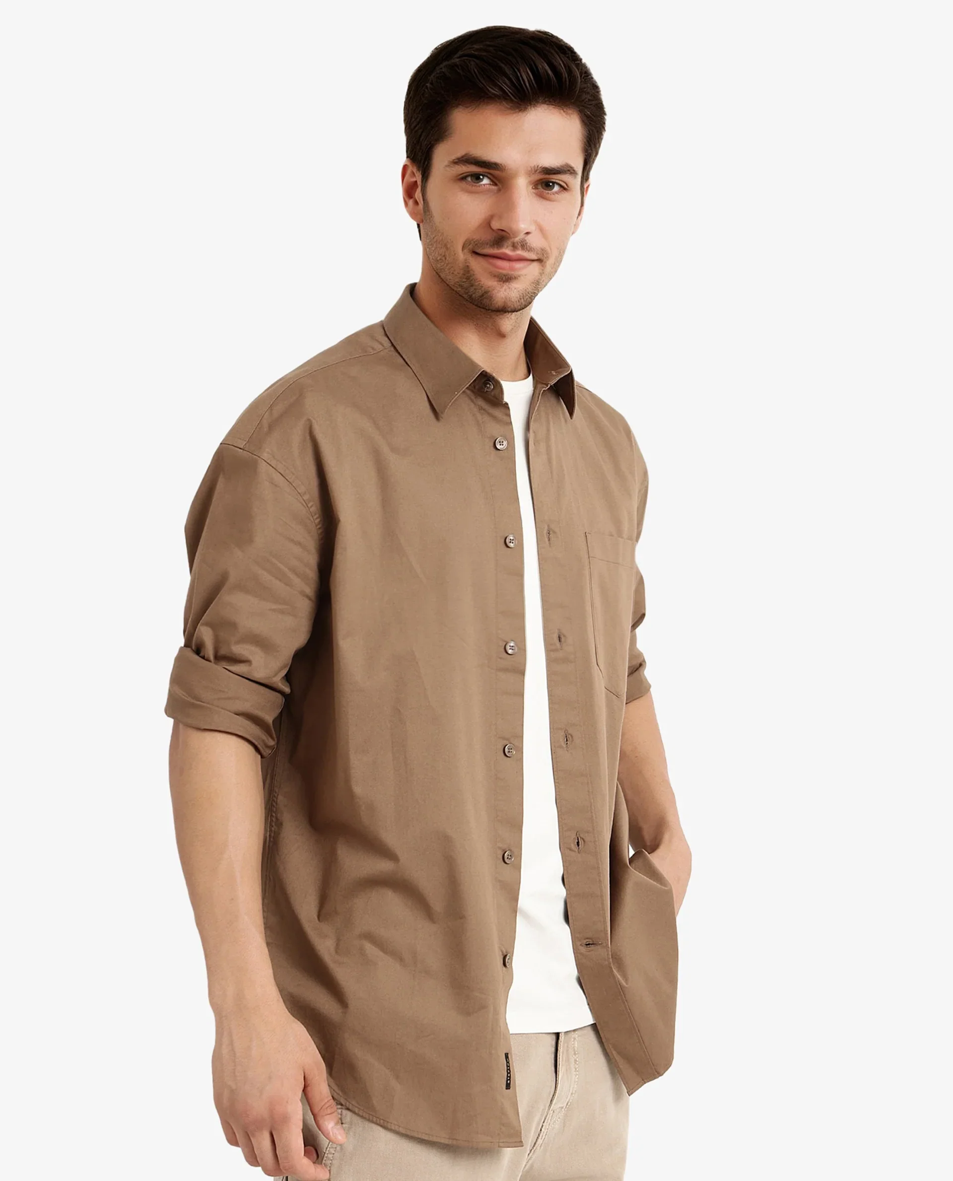 Rare Rabbit Men's Lewi Khaki Cotton Plain Boxy Fit Full Sleeve Collared Shirt - Image 9