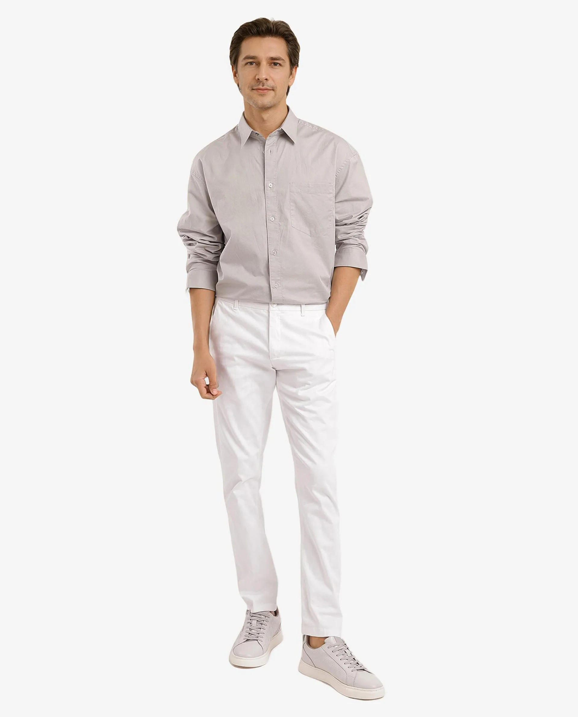Rare Rabbit Men's Lewi Light Grey Cotton Plain Boxy Fit Full Sleeve Collared Shirt - Image 2