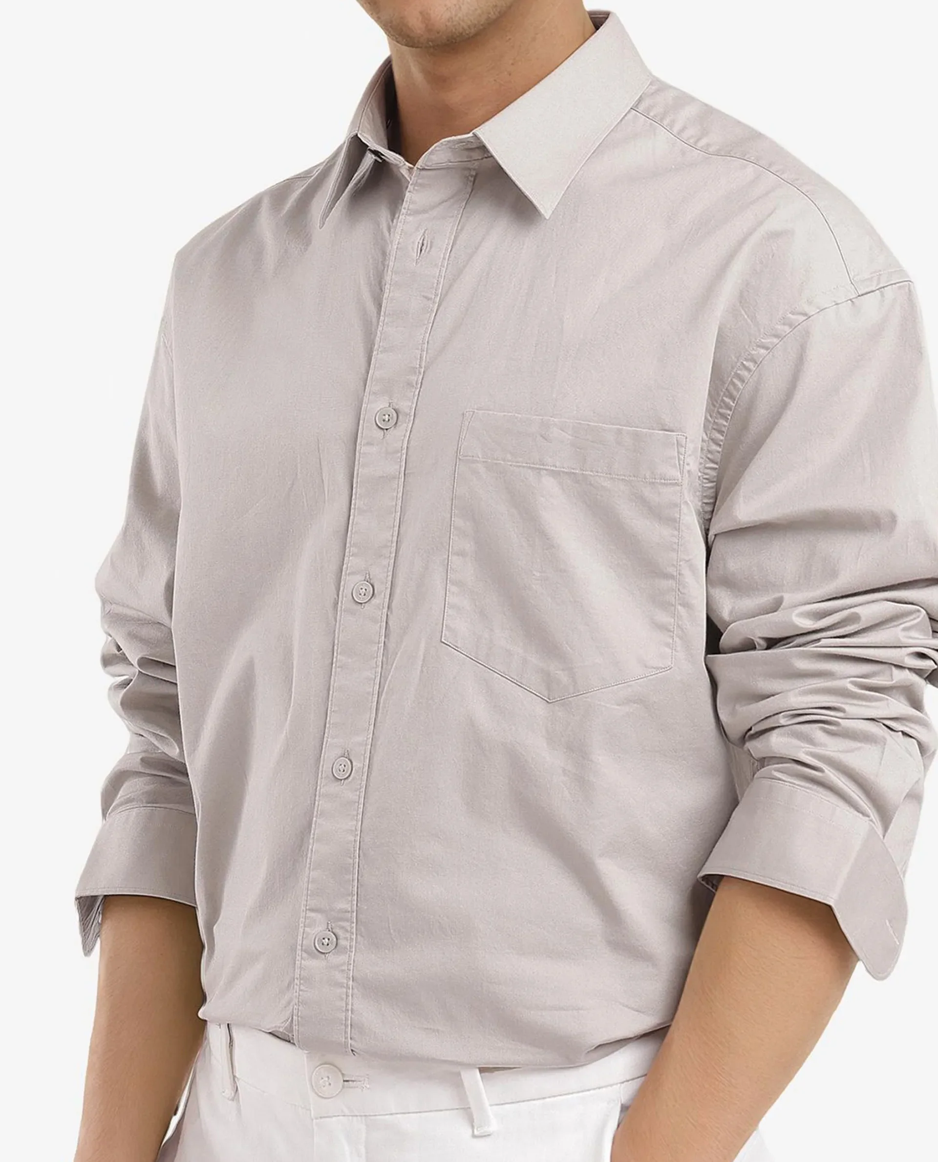 Rare Rabbit Men's Lewi Light Grey Cotton Plain Boxy Fit Full Sleeve Collared Shirt - Image 3