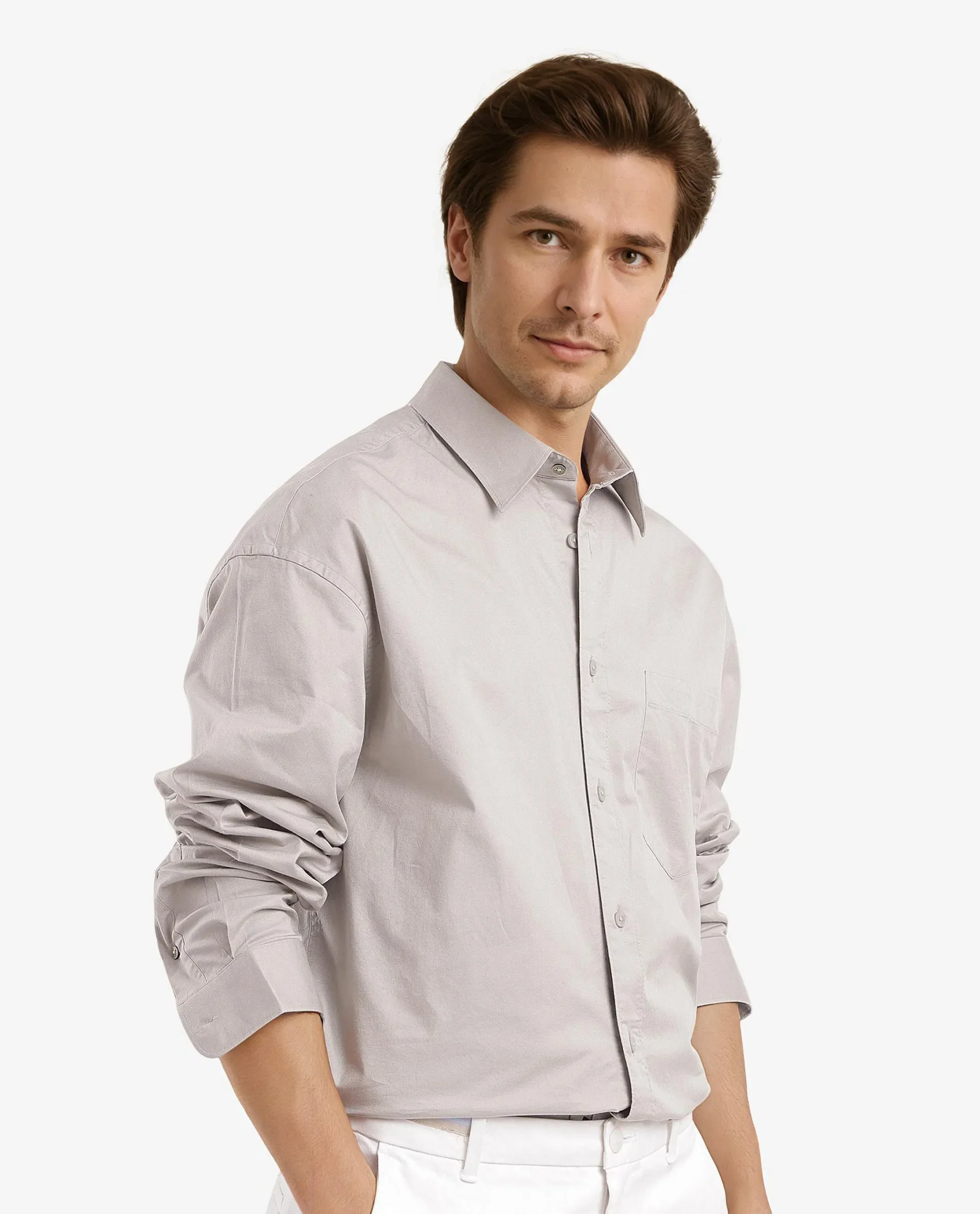 Rare Rabbit Men's Lewi Light Grey Cotton Plain Boxy Fit Full Sleeve Collared Shirt - Image 4