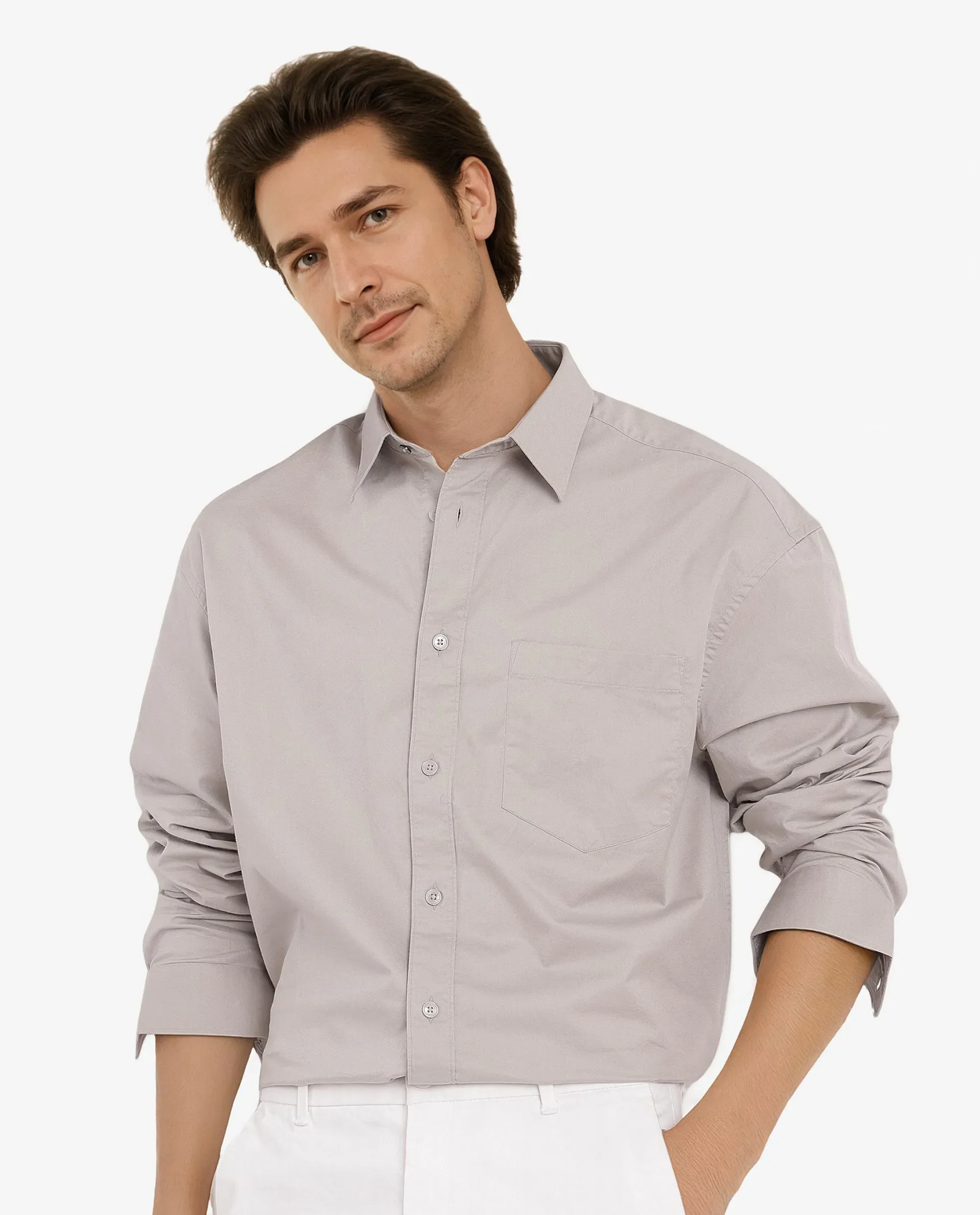 Rare Rabbit Men's Lewi Light Grey Cotton Plain Boxy Fit Full Sleeve Collared Shirt - Image 6