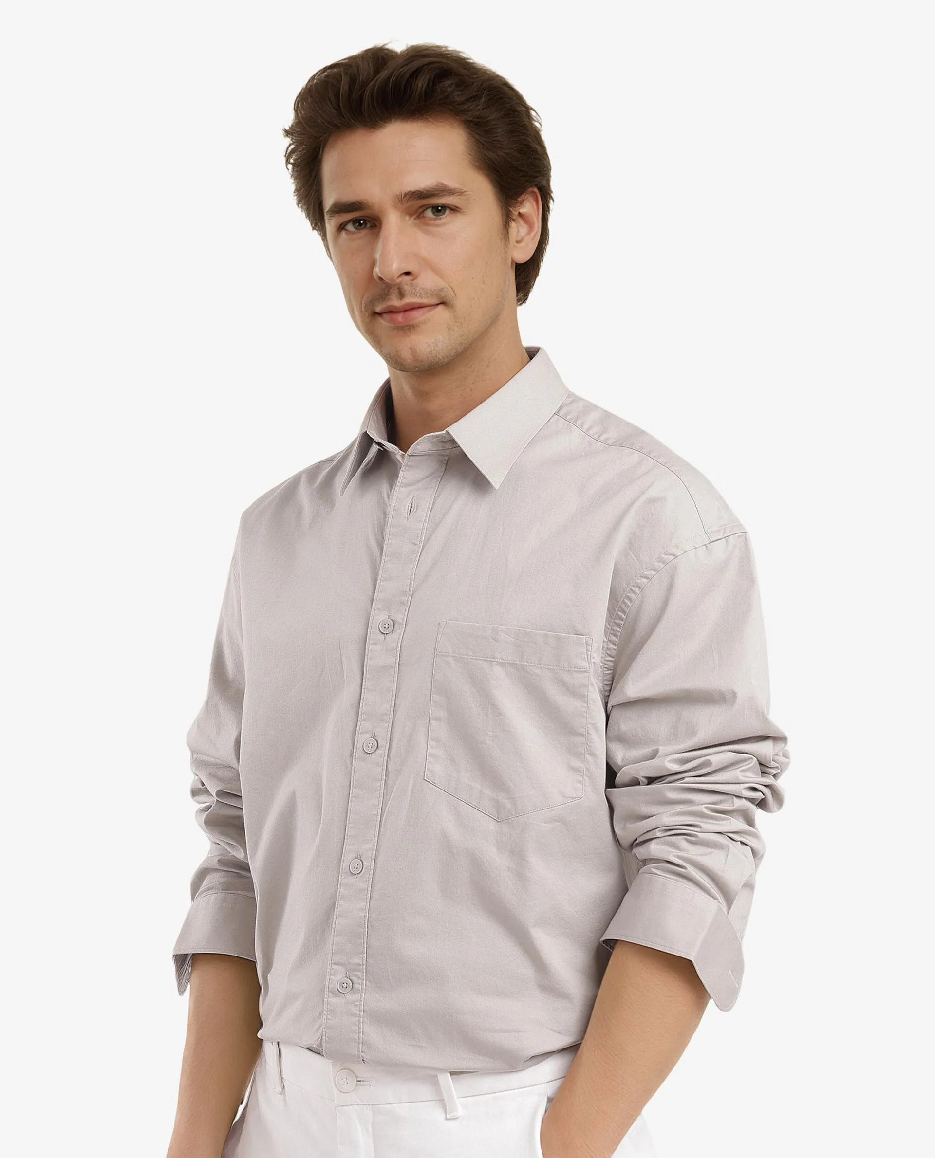 Rare Rabbit Men's Lewi Light Grey Cotton Plain Boxy Fit Full Sleeve Collared Shirt - Image 7
