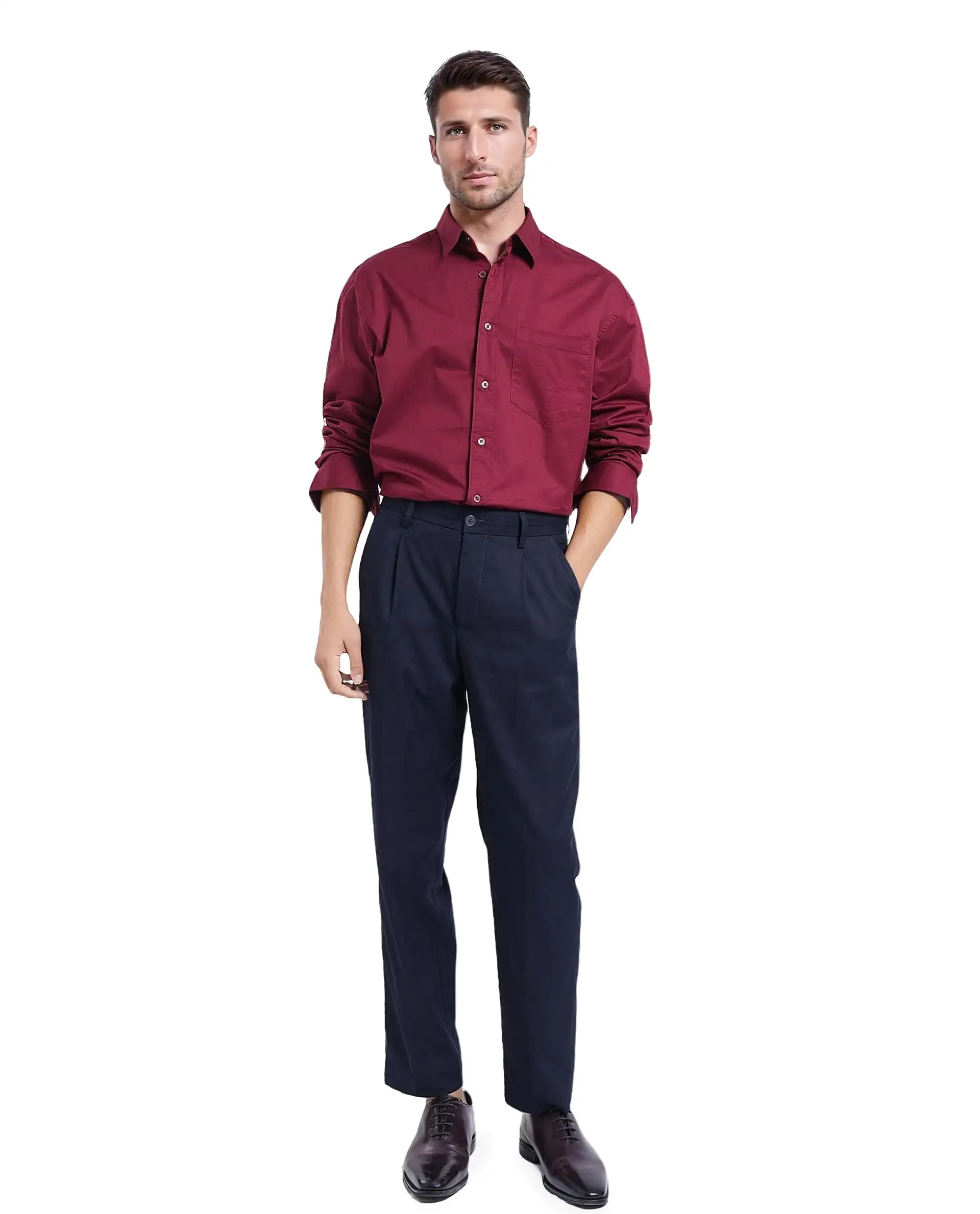 Rare Rabbit Men's Lewi Maroon Cotton Plain Boxy Fit Full Sleeve Collared Shirt - Image 2