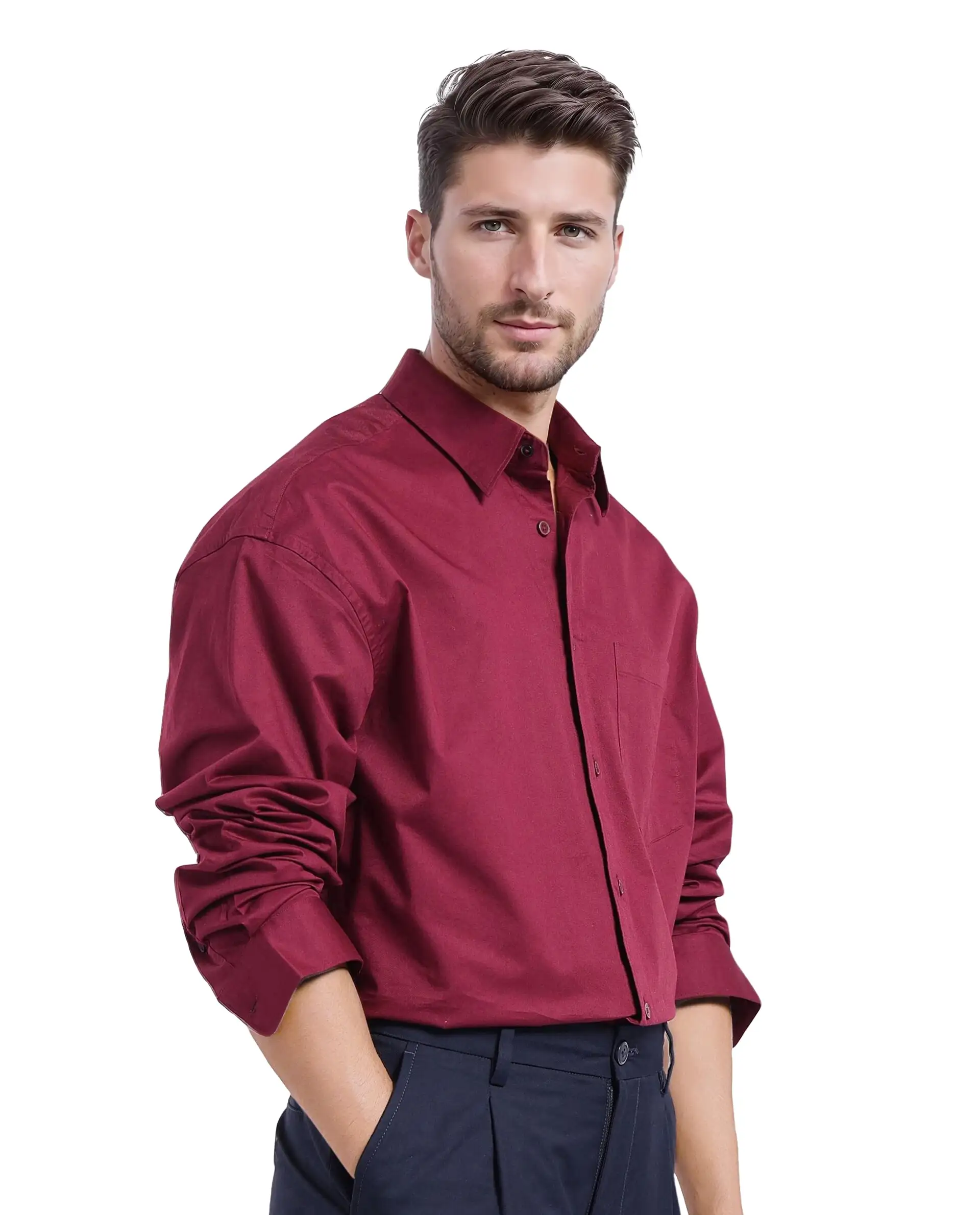Rare Rabbit Men's Lewi Maroon Cotton Plain Boxy Fit Full Sleeve Collared Shirt - Image 7