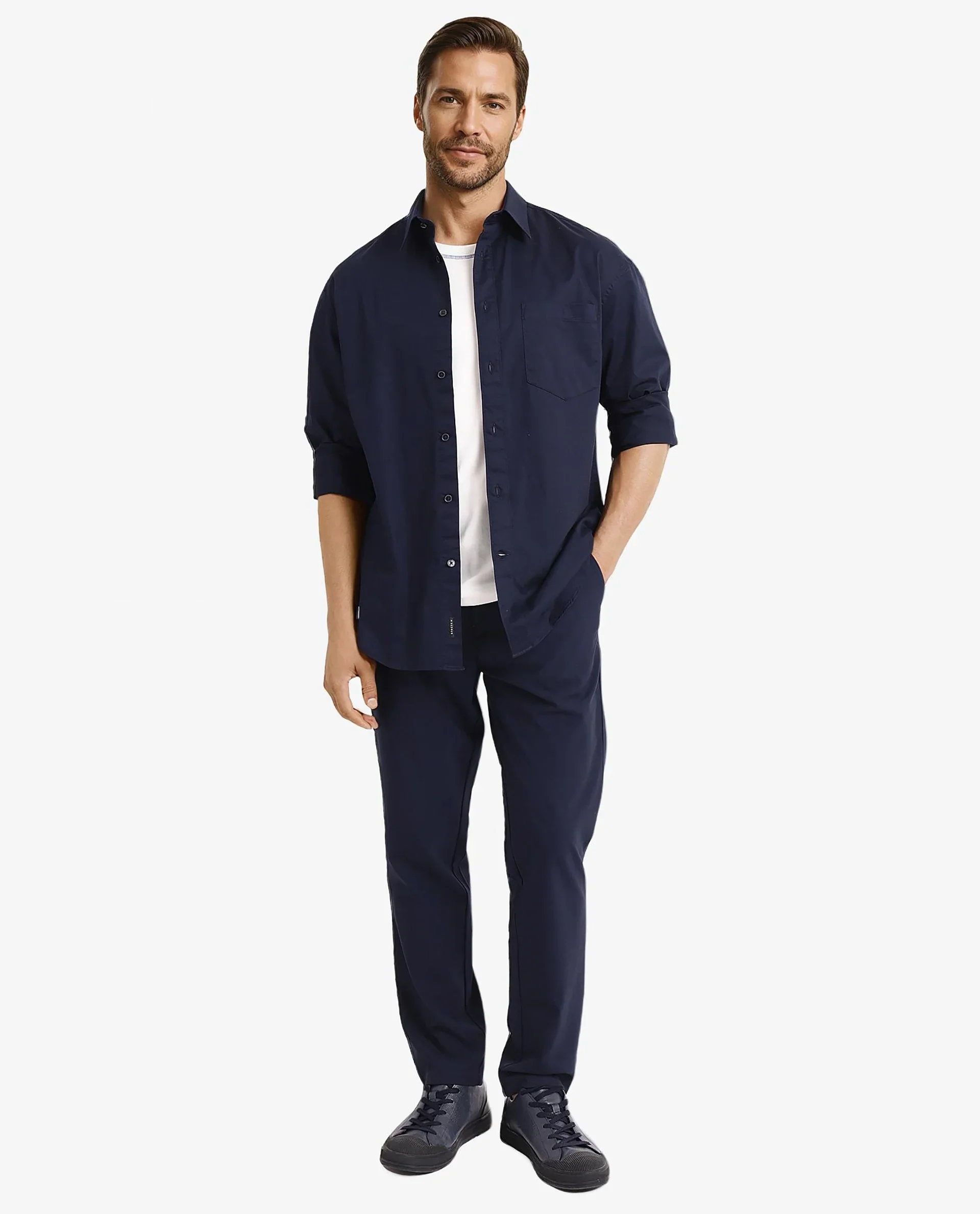 Rare Rabbit Men's Lewi Navy Cotton Plain Boxy Fit Full Sleeve Collared Shirt - Image 6