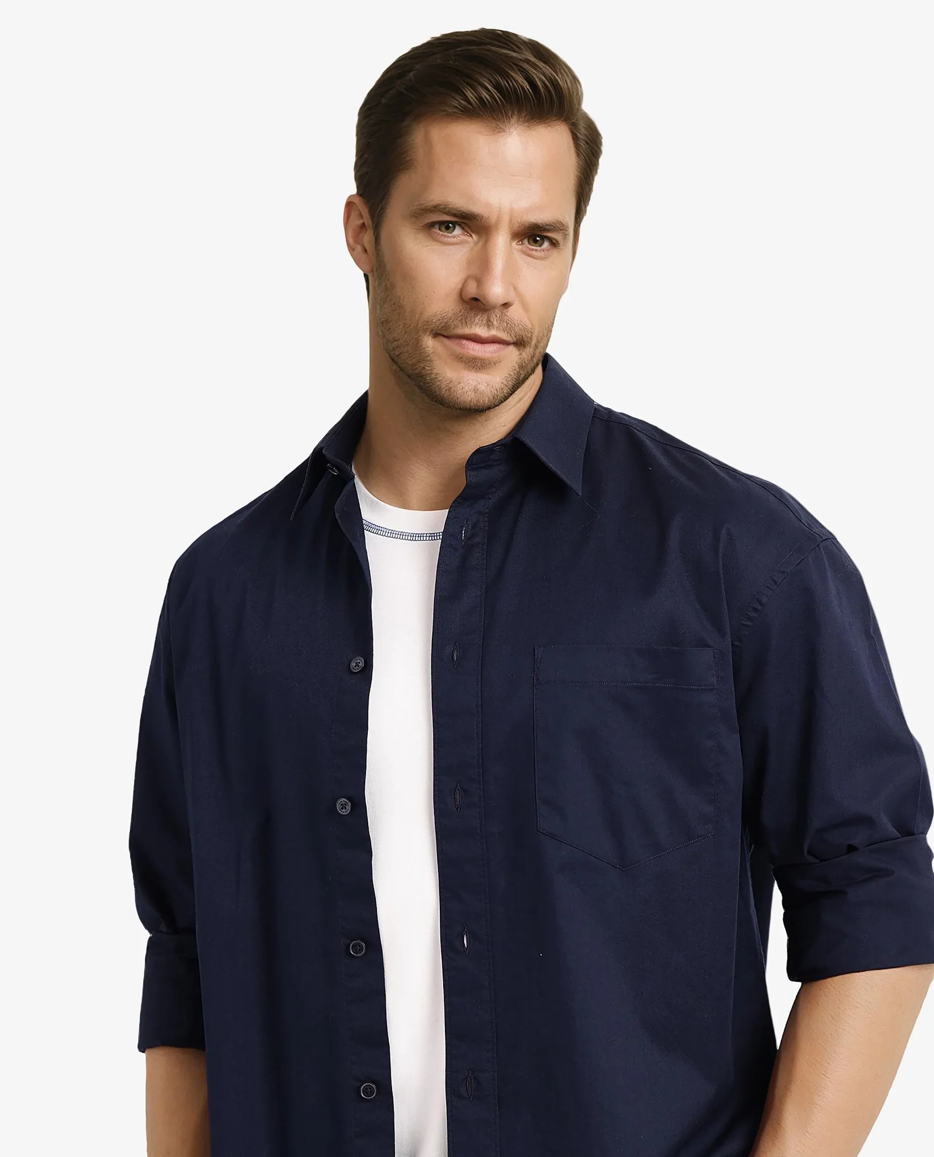 Rare Rabbit Men's Lewi Navy Cotton Plain Boxy Fit Full Sleeve Collared Shirt - Image 7