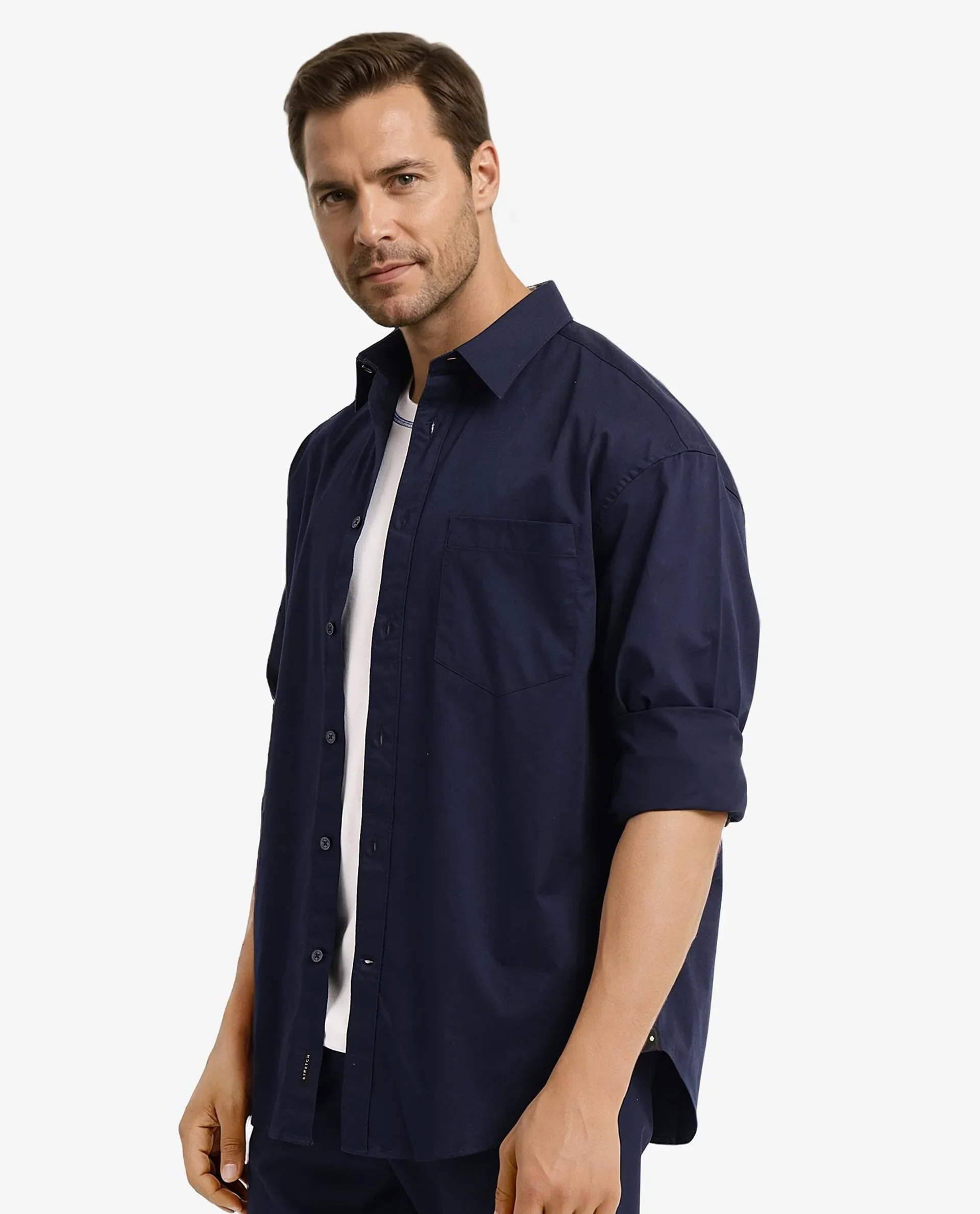 Rare Rabbit Men's Lewi Navy Cotton Plain Boxy Fit Full Sleeve Collared Shirt - Image 8