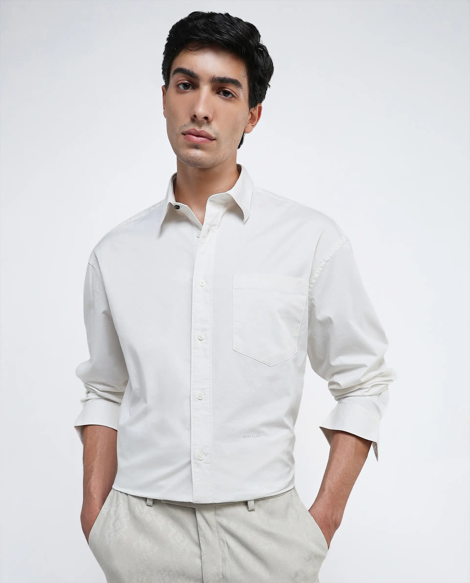 Rare Rabbit Men's Lewi Off White Cotton Plain Boxy Fit Full Sleeve Collared Shirt