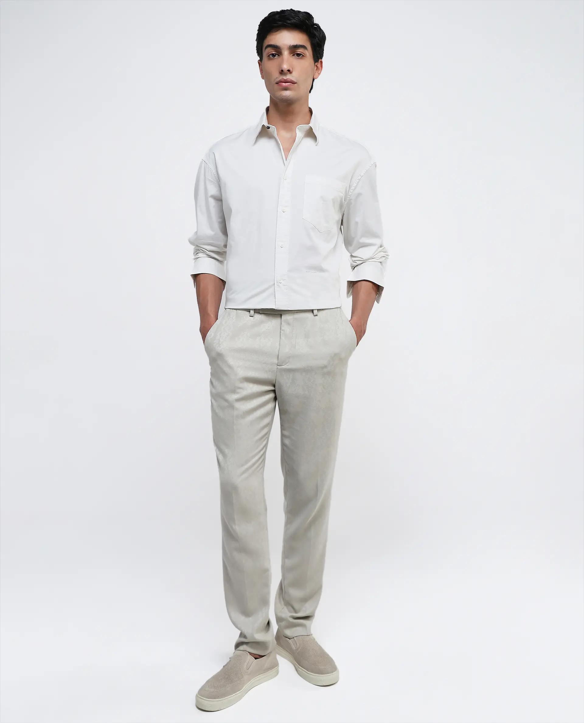 Rare Rabbit Men's Lewi Off White Cotton Plain Boxy Fit Full Sleeve Collared Shirt - Image 2