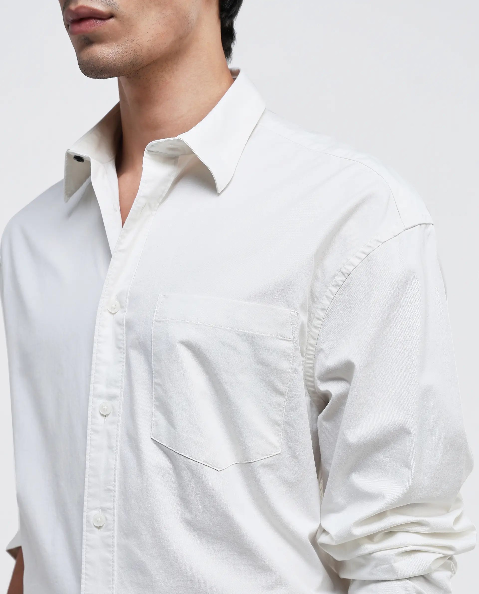 Rare Rabbit Men's Lewi Off White Cotton Plain Boxy Fit Full Sleeve Collared Shirt - Image 3