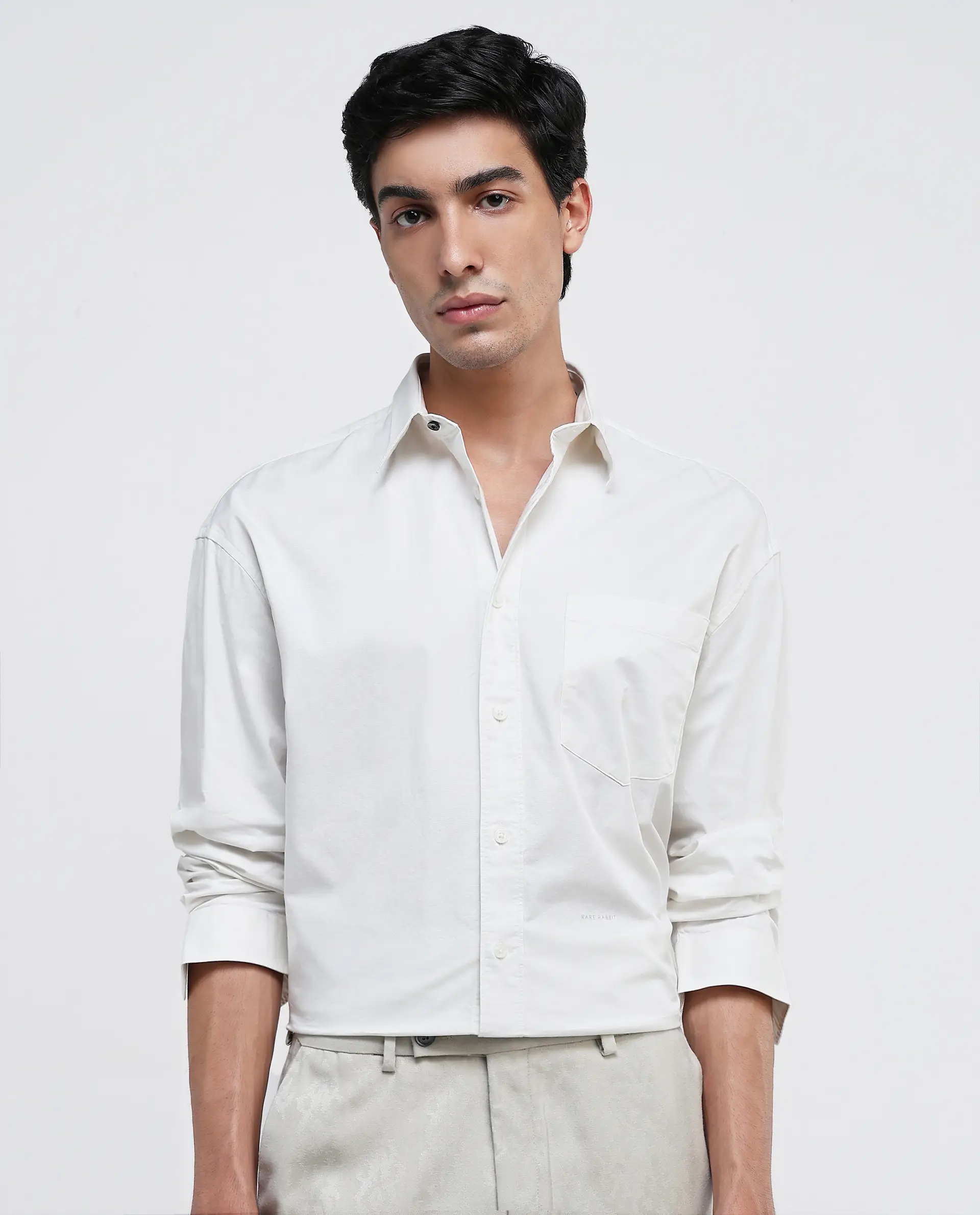 Rare Rabbit Men's Lewi Off White Cotton Plain Boxy Fit Full Sleeve Collared Shirt - Image 4
