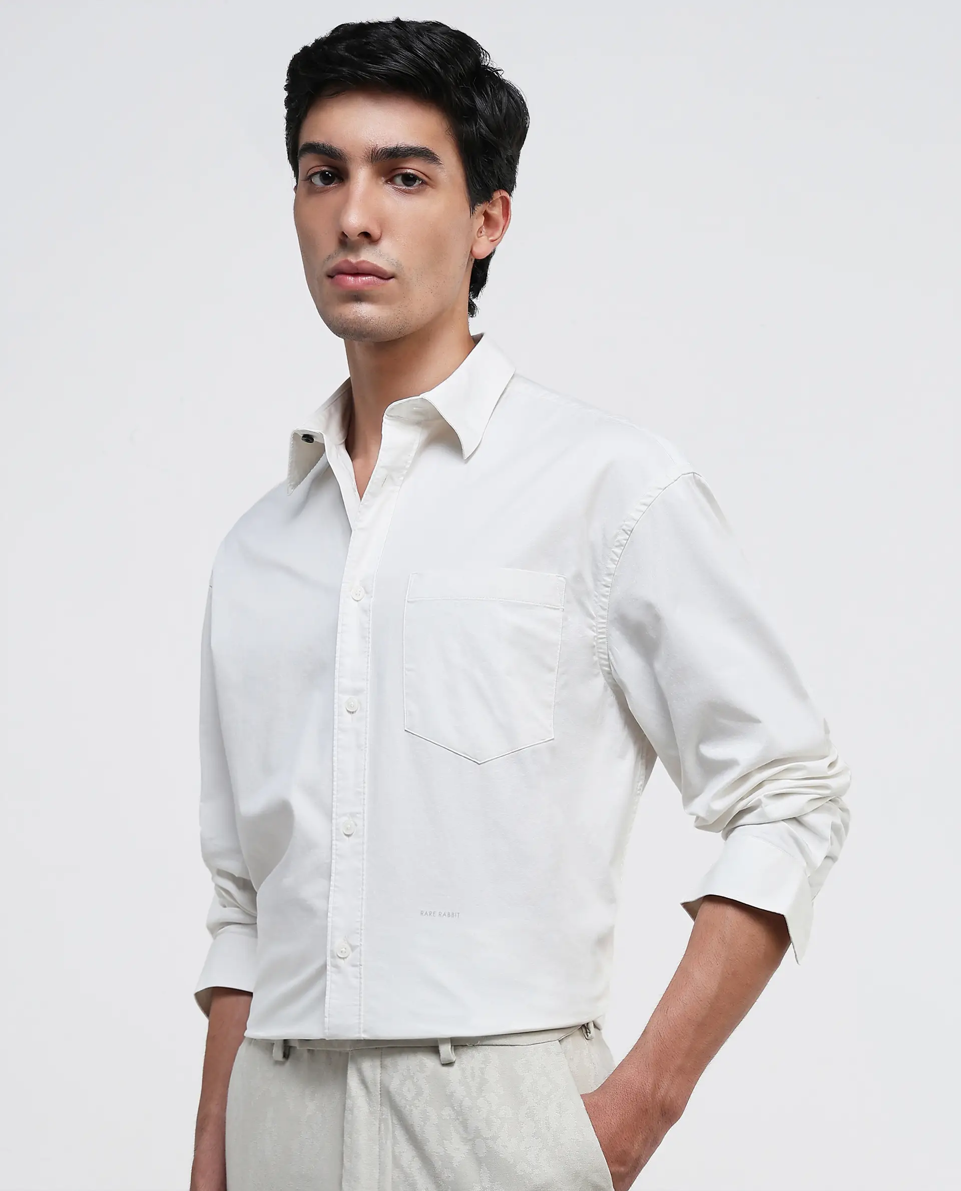 Rare Rabbit Men's Lewi Off White Cotton Plain Boxy Fit Full Sleeve Collared Shirt - Image 8