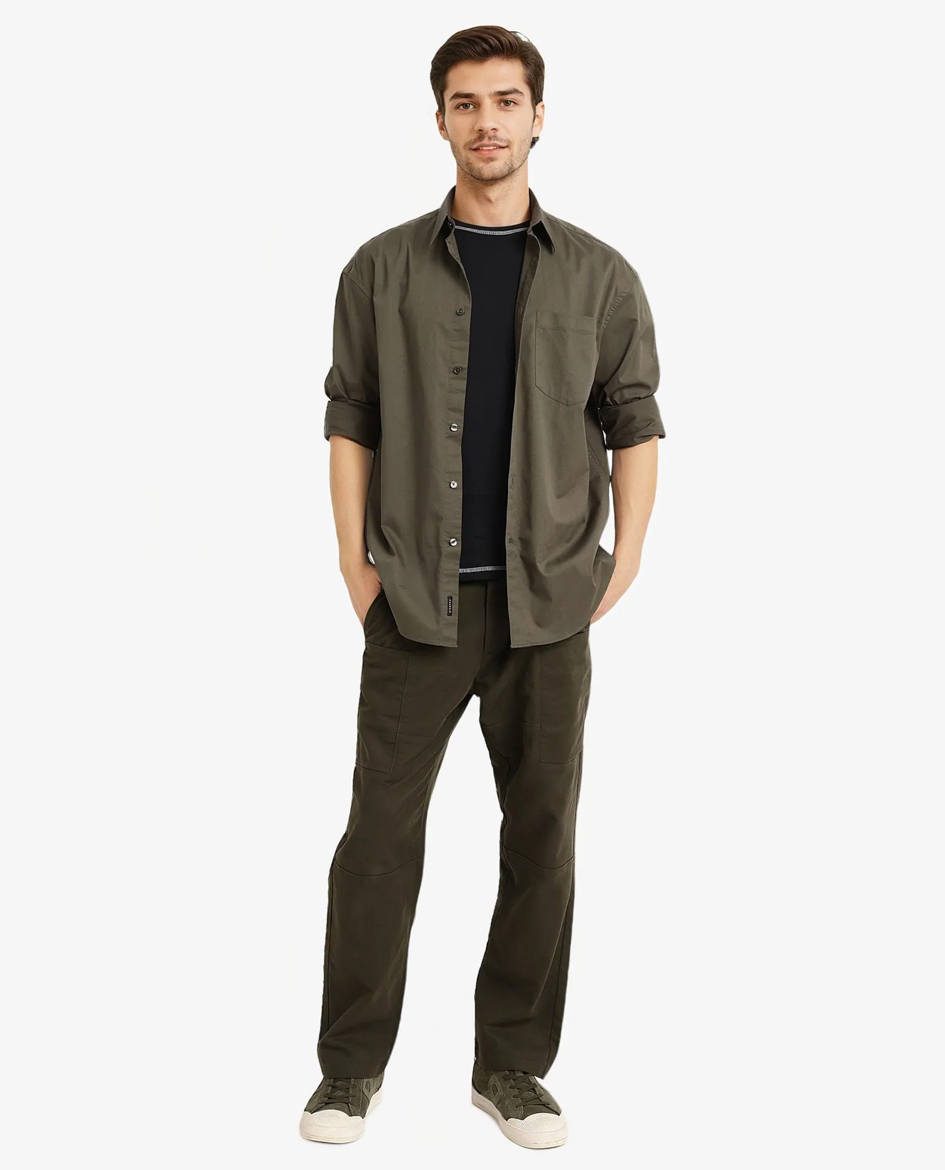 Rare Rabbit Men's Lewi Olive Cotton Plain Boxy Fit Full Sleeve Collared Shirt - Image 2