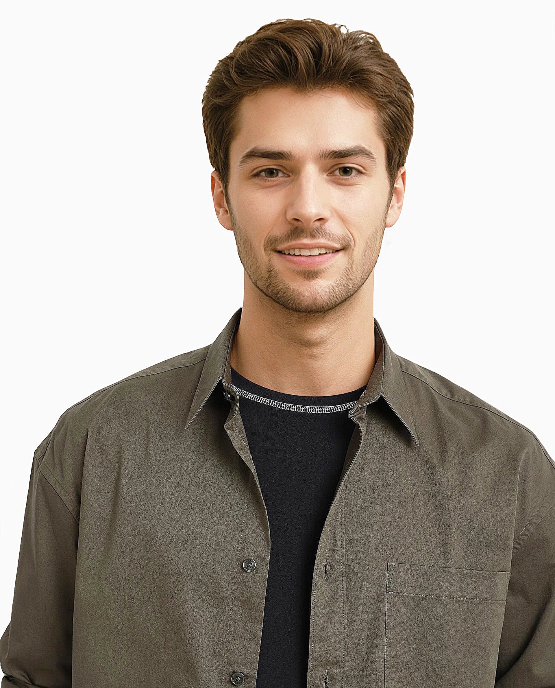 Rare Rabbit Men's Lewi Olive Cotton Plain Boxy Fit Full Sleeve Collared Shirt - Image 3