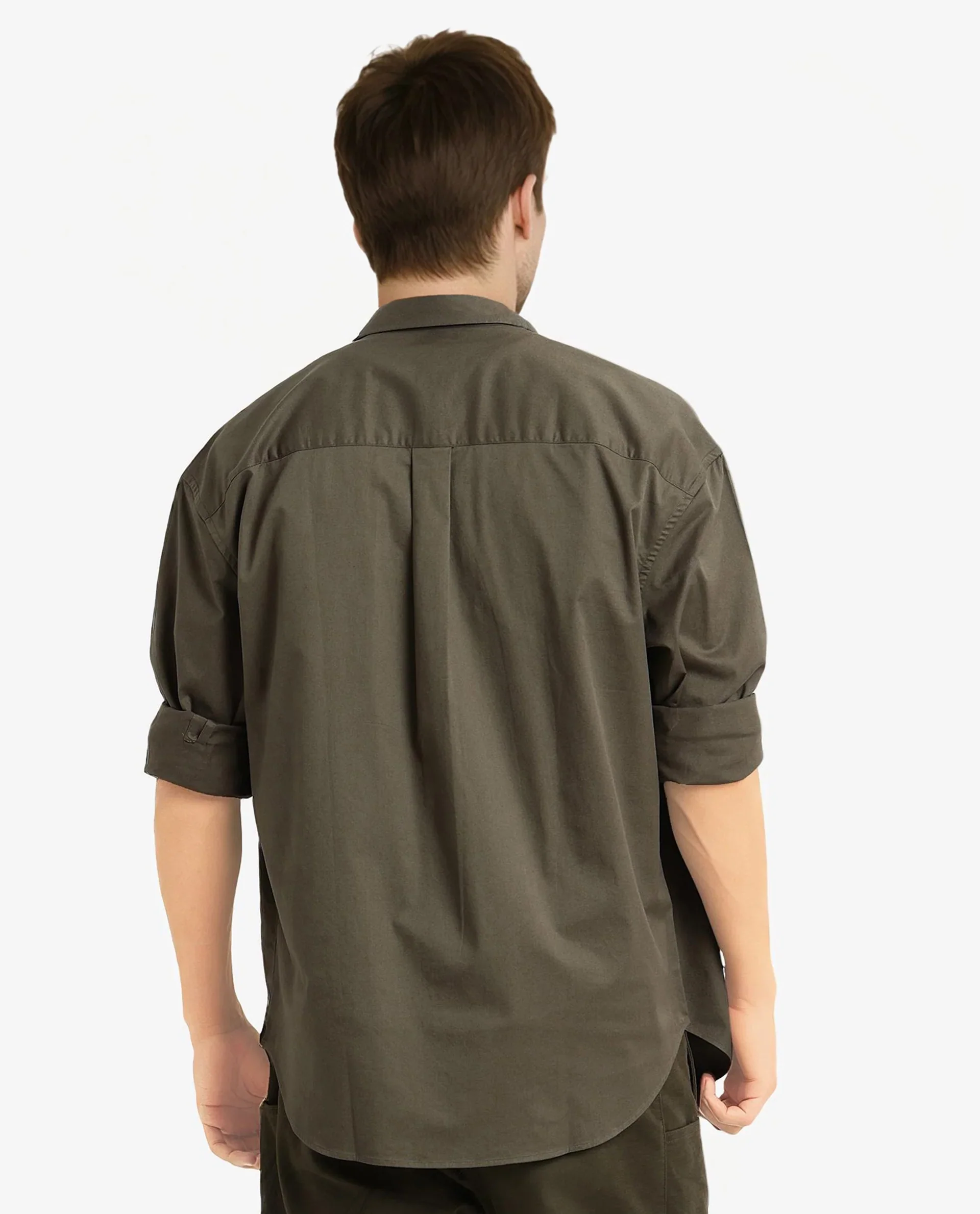 Rare Rabbit Men's Lewi Olive Cotton Plain Boxy Fit Full Sleeve Collared Shirt - Image 4