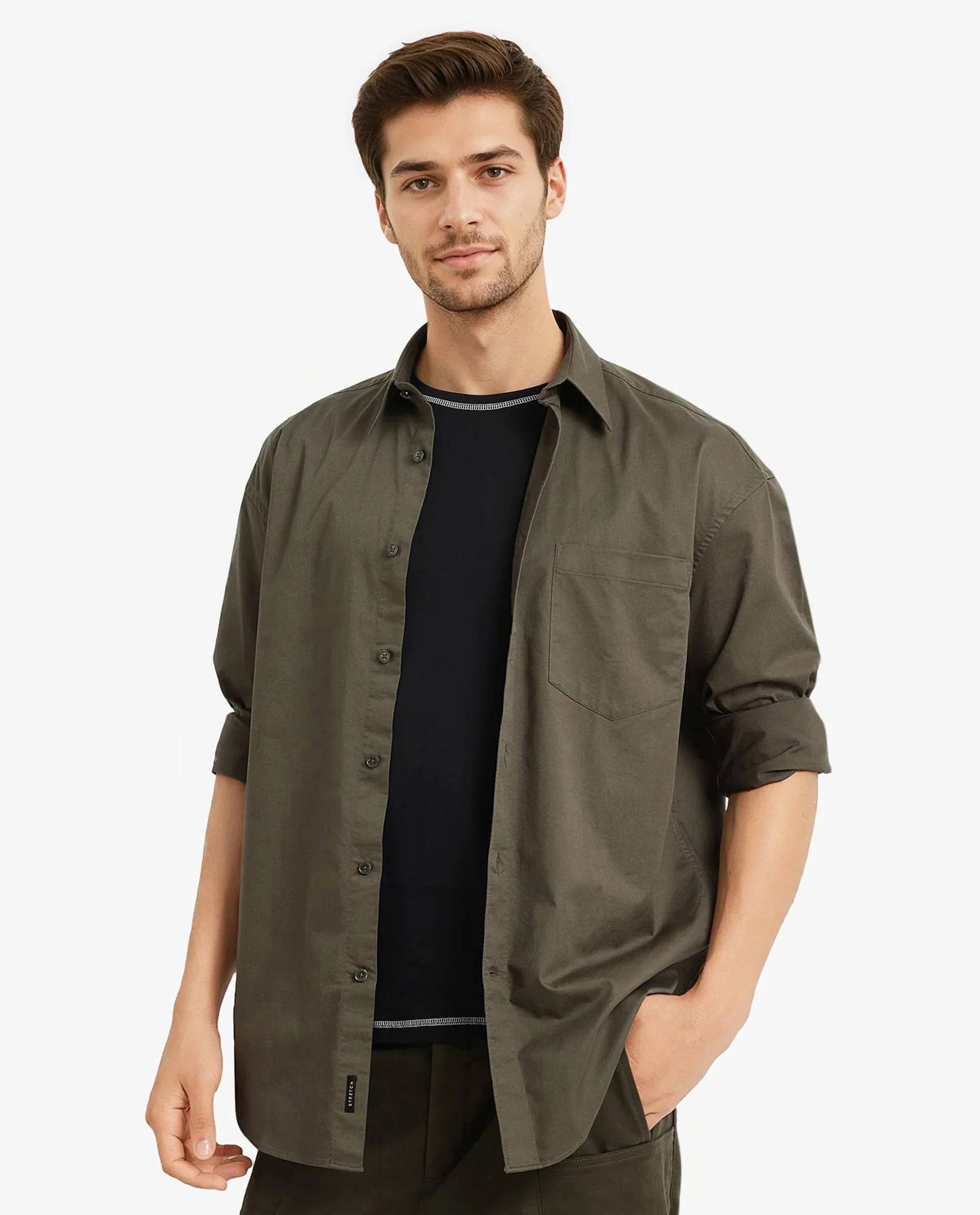 Rare Rabbit Men's Lewi Olive Cotton Plain Boxy Fit Full Sleeve Collared Shirt - Image 5
