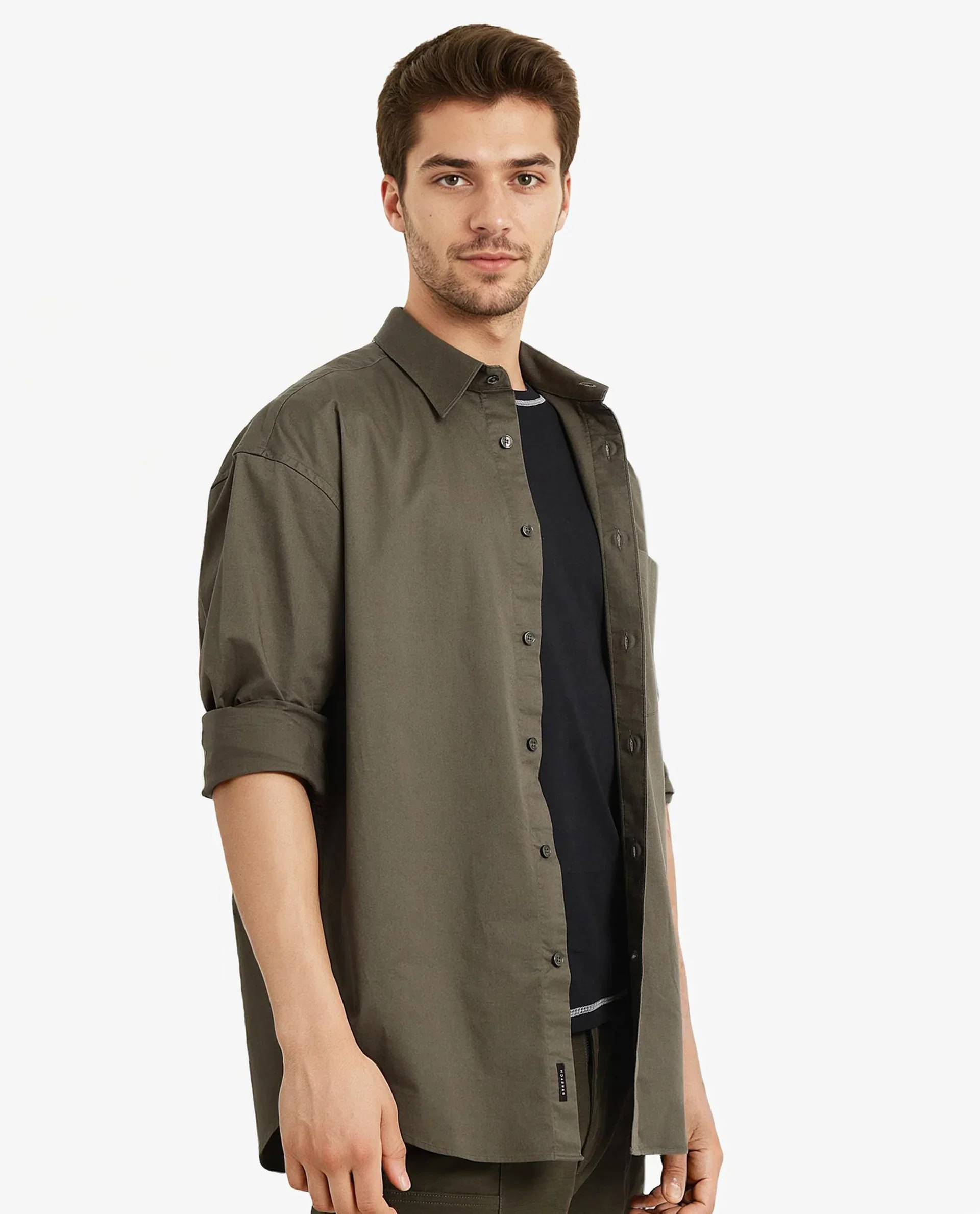 Rare Rabbit Men's Lewi Olive Cotton Plain Boxy Fit Full Sleeve Collared Shirt - Image 6