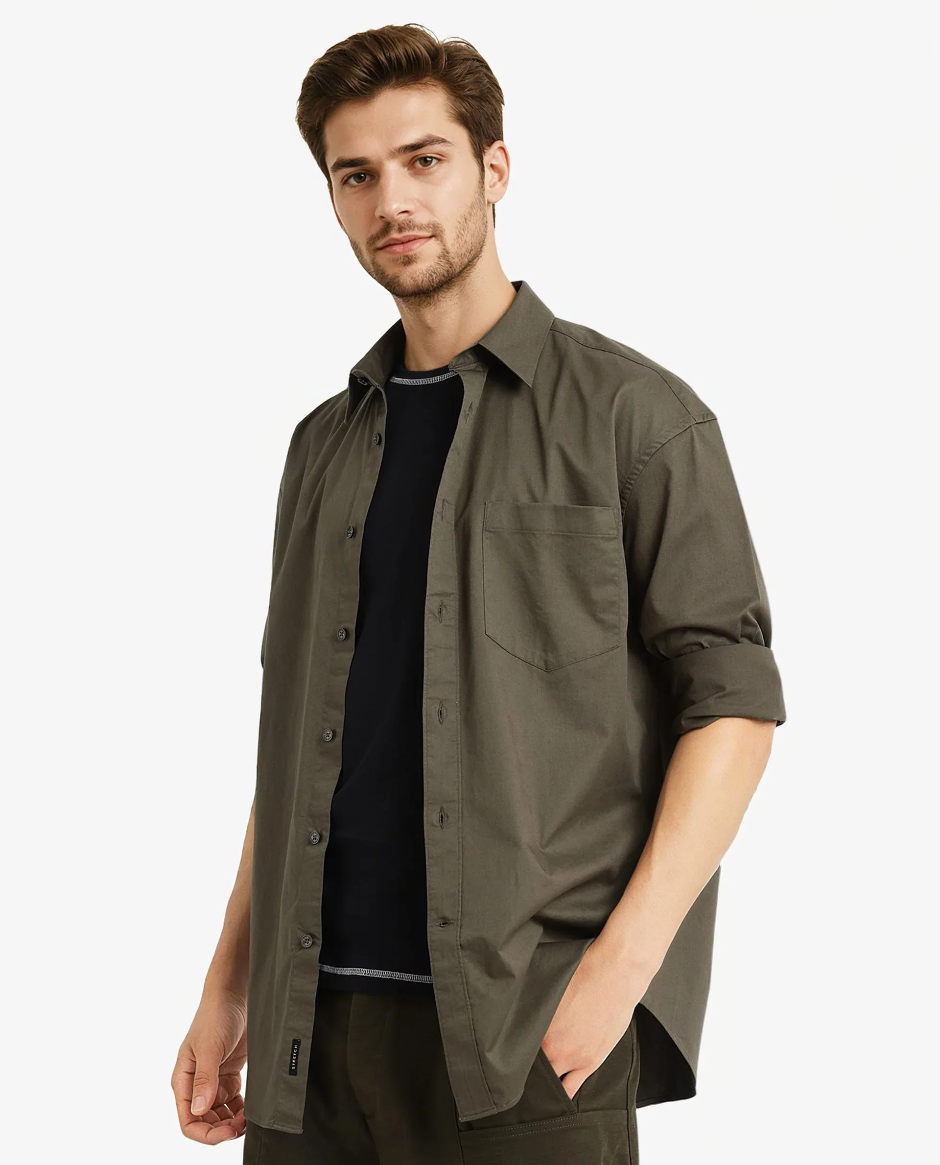 Rare Rabbit Men's Lewi Olive Cotton Plain Boxy Fit Full Sleeve Collared Shirt - Image 7