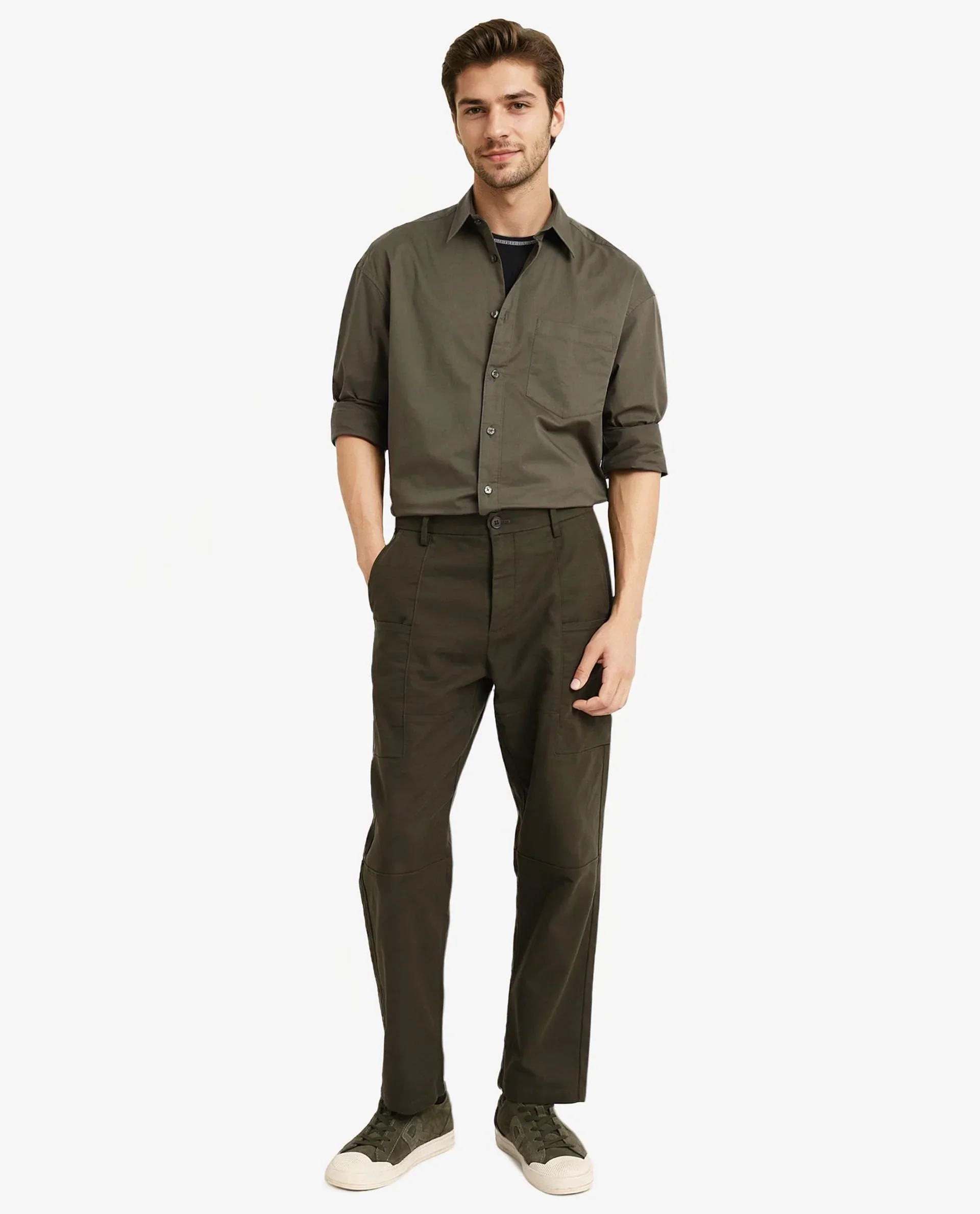 Rare Rabbit Men's Lewi Olive Cotton Plain Boxy Fit Full Sleeve Collared Shirt - Image 8