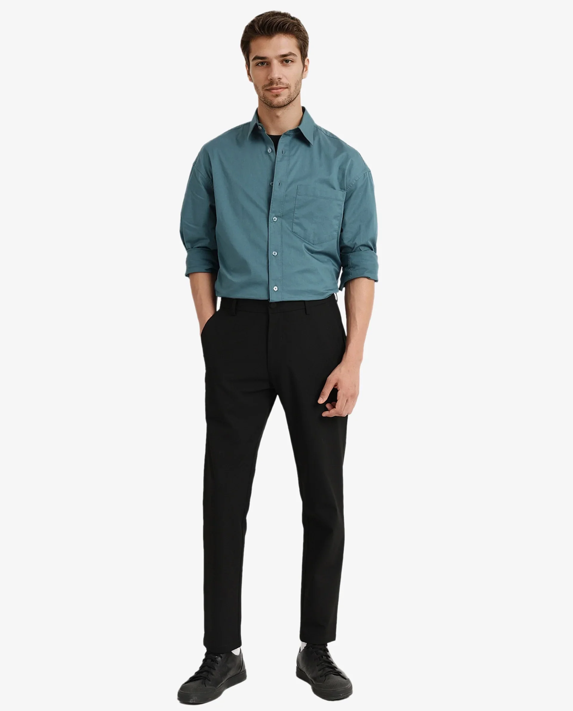 Rare Rabbit Men's Lewi Teal Cotton Plain Boxy Fit Full Sleeve Collared Shirt - Image 2