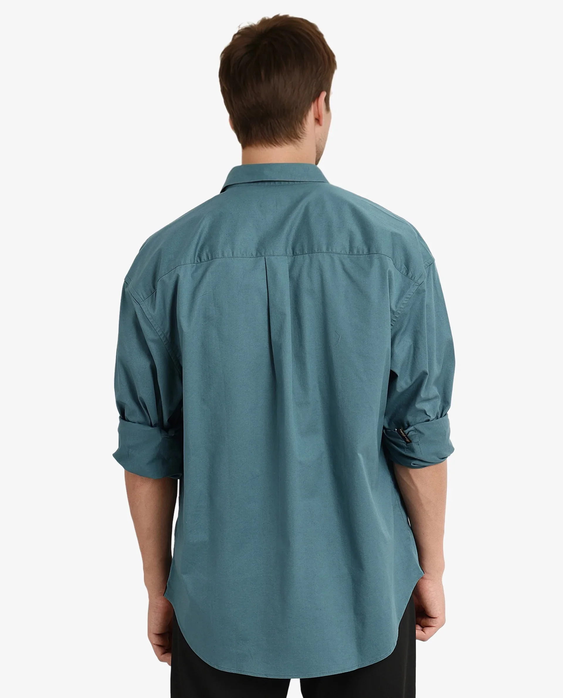 Rare Rabbit Men's Lewi Teal Cotton Plain Boxy Fit Full Sleeve Collared Shirt - Image 4