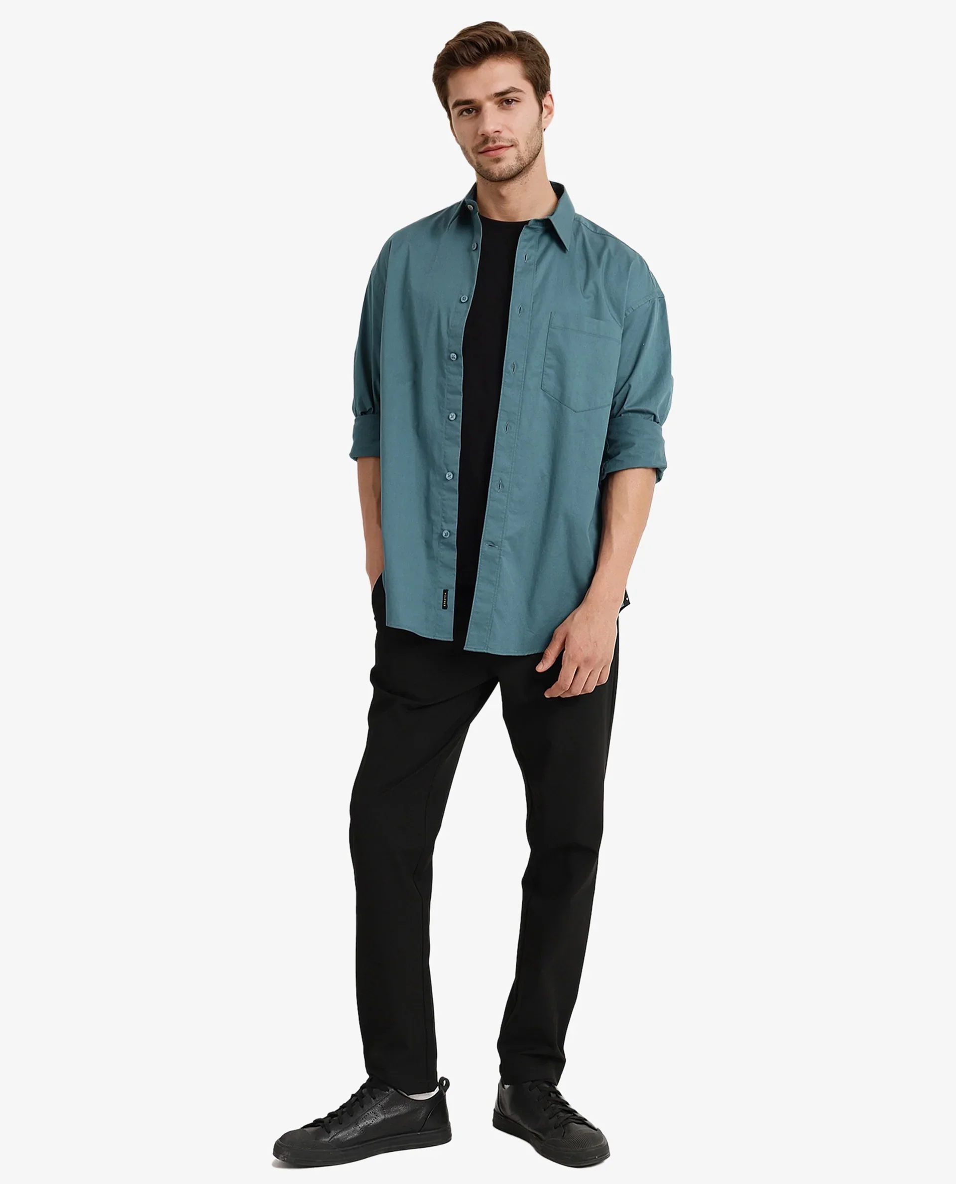Rare Rabbit Men's Lewi Teal Cotton Plain Boxy Fit Full Sleeve Collared Shirt - Image 5