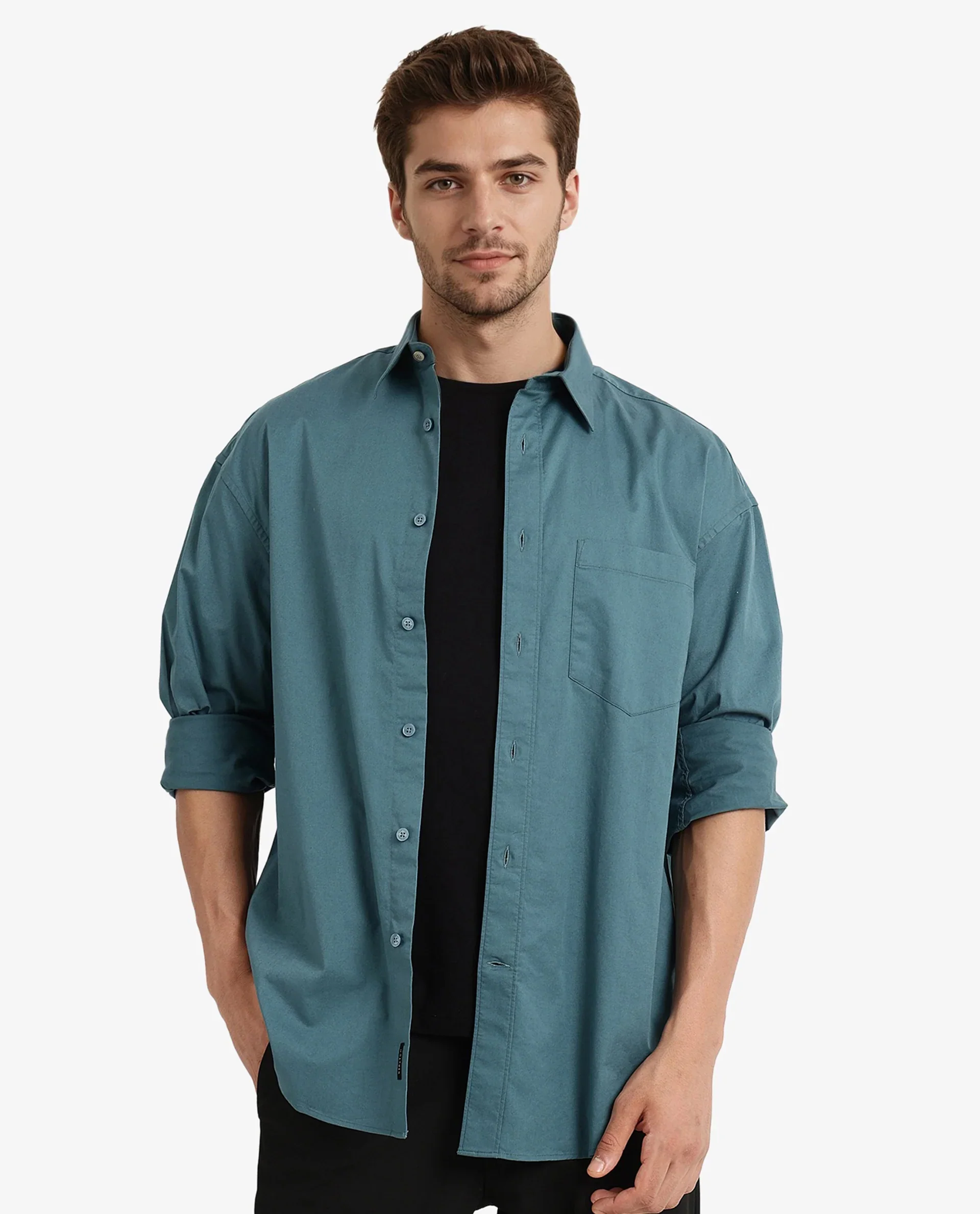 Rare Rabbit Men's Lewi Teal Cotton Plain Boxy Fit Full Sleeve Collared Shirt - Image 6