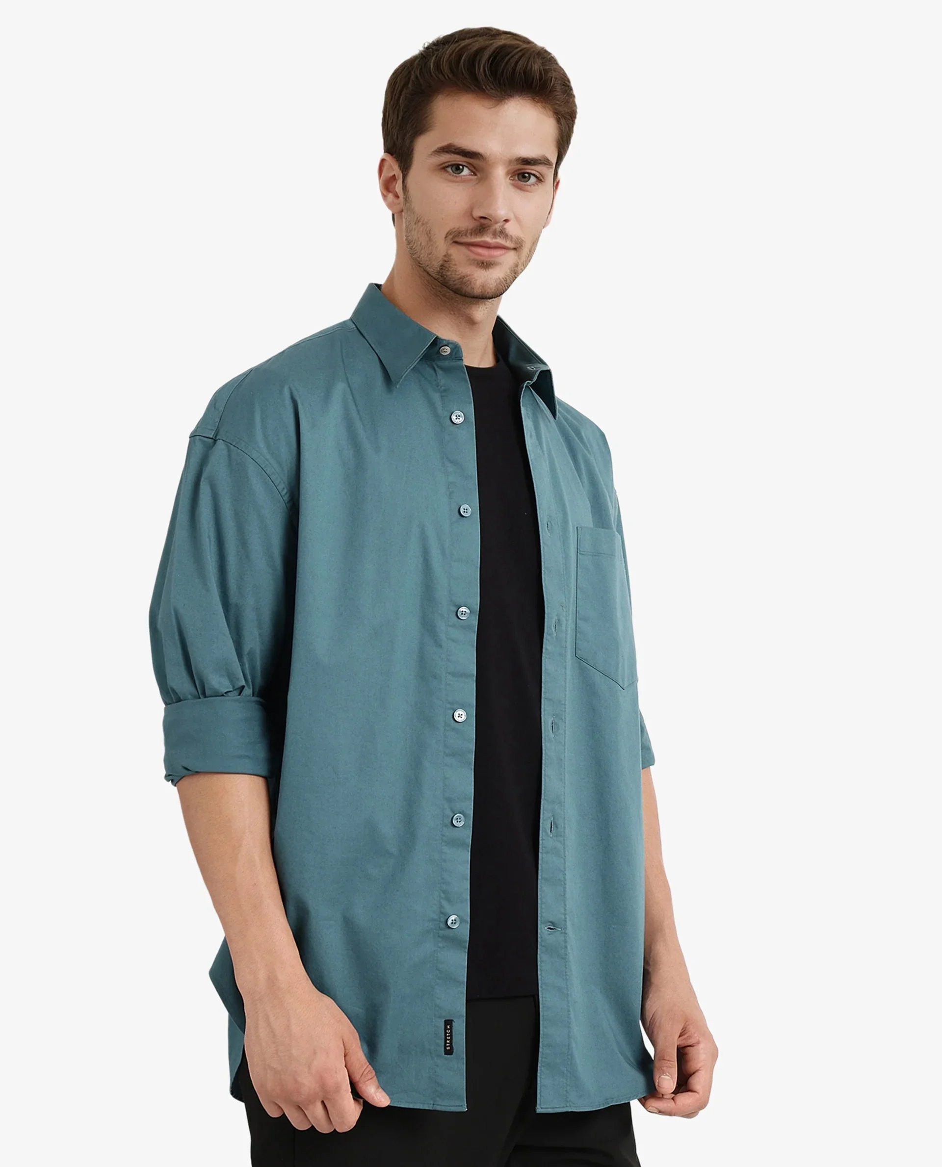 Rare Rabbit Men's Lewi Teal Cotton Plain Boxy Fit Full Sleeve Collared Shirt - Image 7