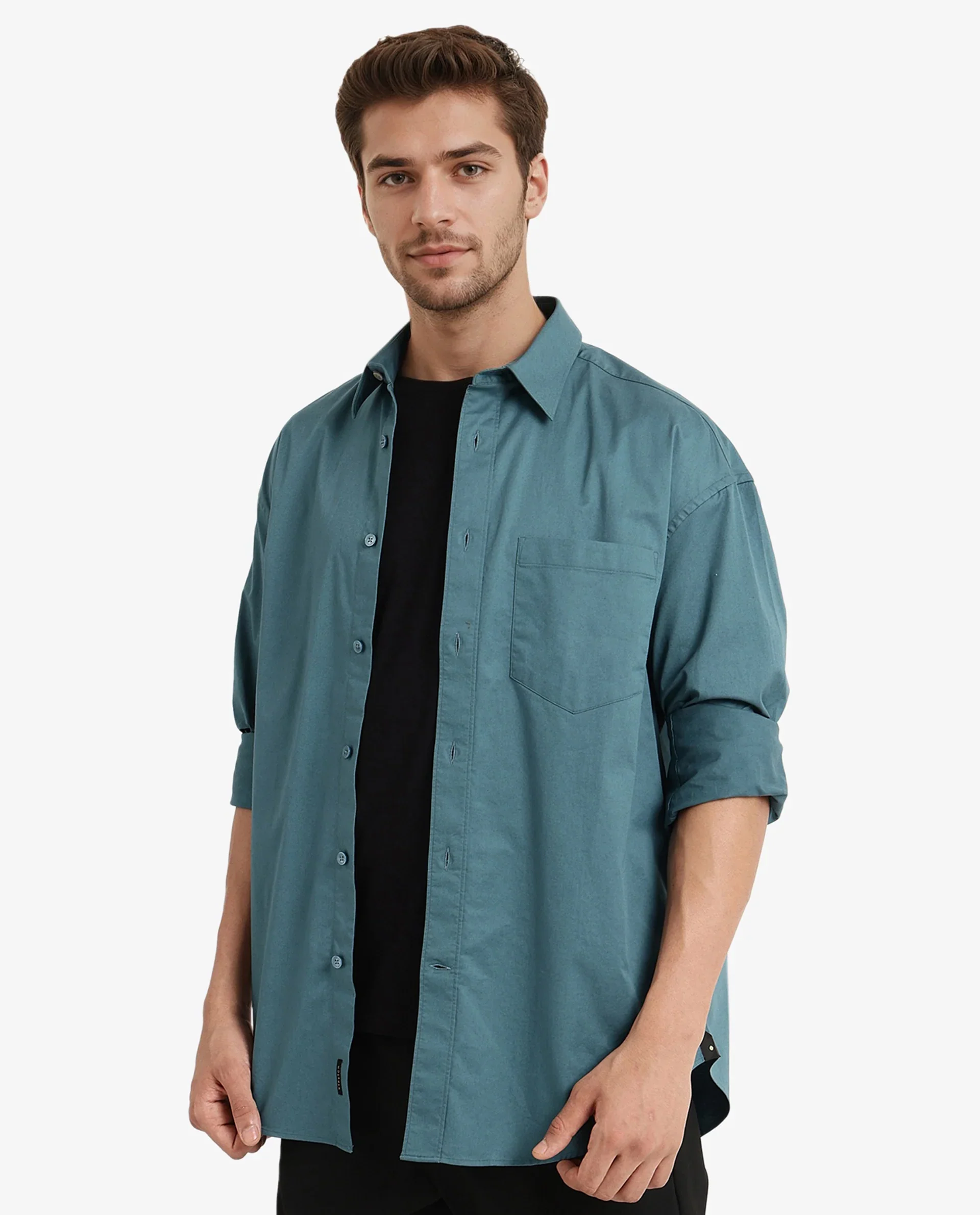 Rare Rabbit Men's Lewi Teal Cotton Plain Boxy Fit Full Sleeve Collared Shirt - Image 8
