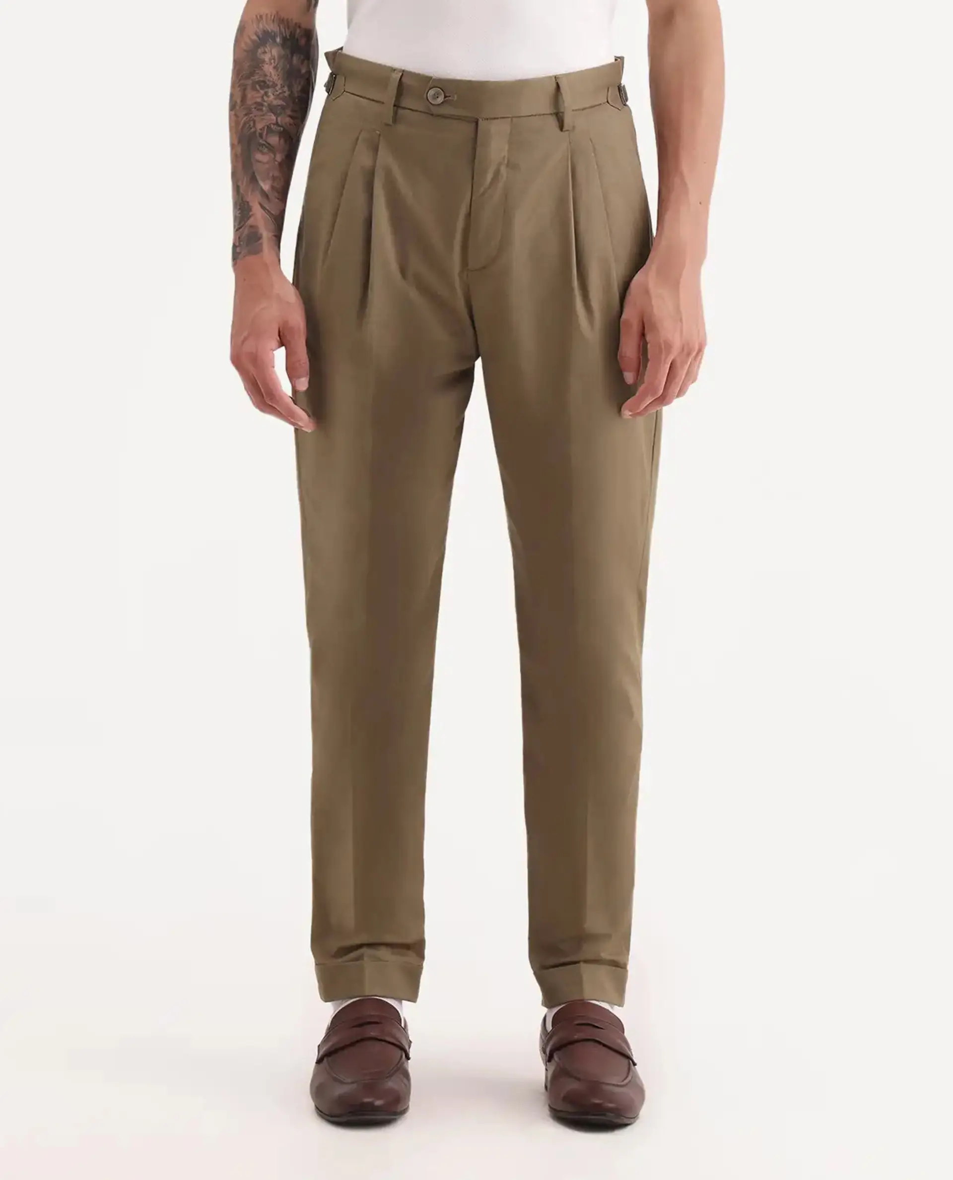 Rare Rabbit Men's Lewit Khaki Cotton Plain Regular Fit Trouser - Image 10