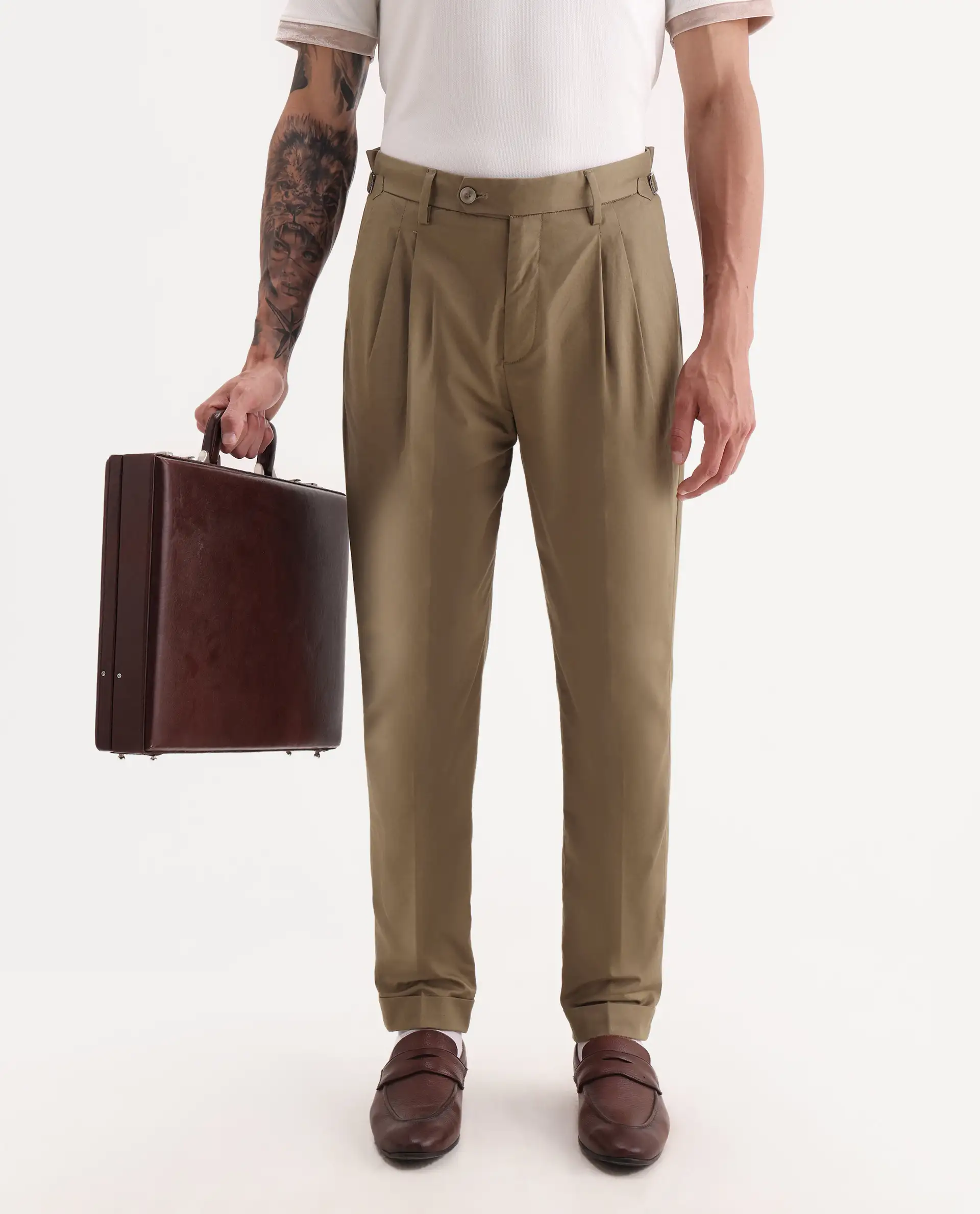 Rare Rabbit Men's Lewit Khaki Cotton Plain Regular Fit Trouser - Image 2