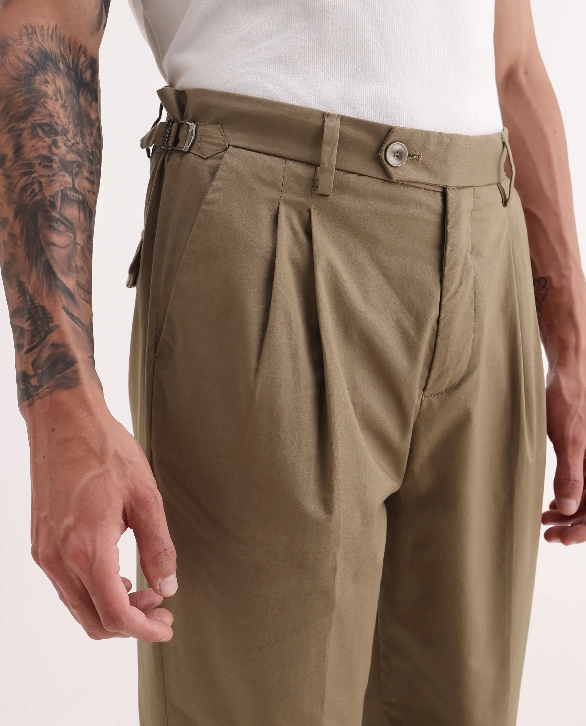 Rare Rabbit Men's Lewit Khaki Cotton Plain Regular Fit Trouser - Image 3