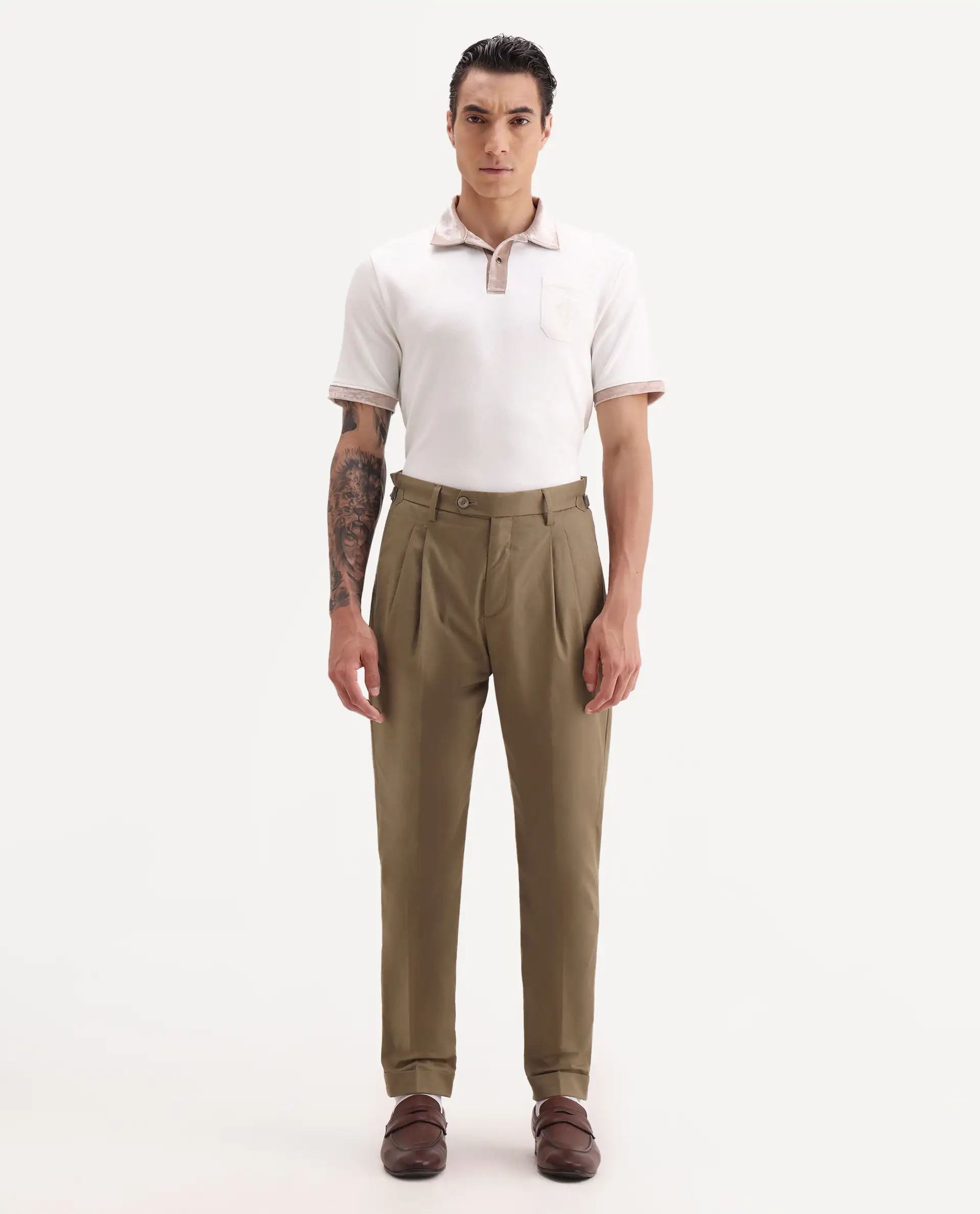 Rare Rabbit Men's Lewit Khaki Cotton Plain Regular Fit Trouser - Image 5
