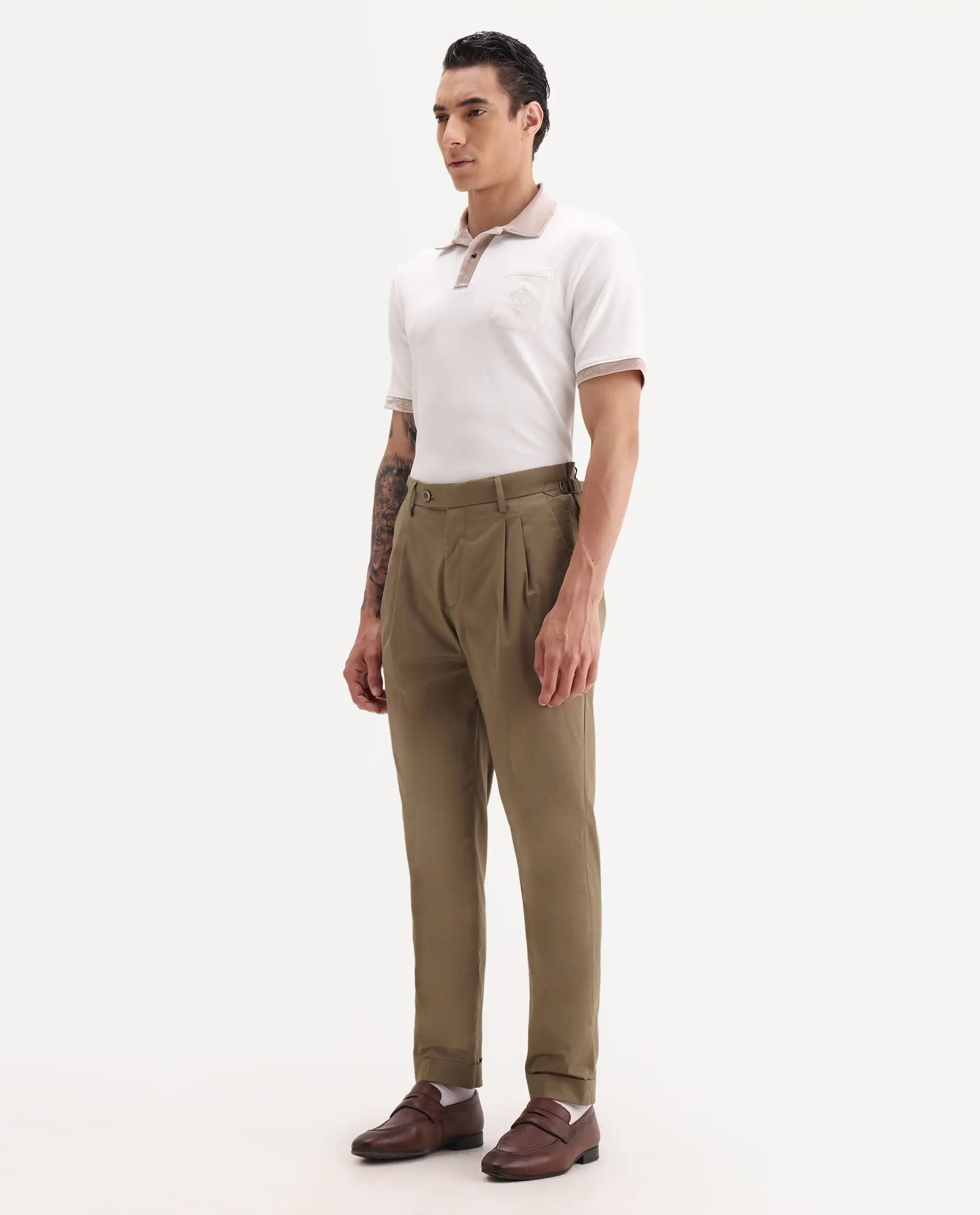 Rare Rabbit Men's Lewit Khaki Cotton Plain Regular Fit Trouser - Image 6
